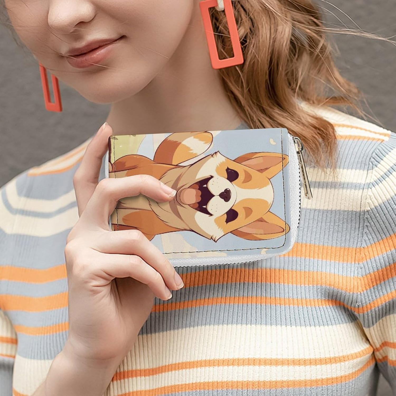 Leather Card Organizer Case Card Wallet Credit Card Holder Cartoon Shiba Inu Dog Printed Zipper Card Cases Holder for Women Men