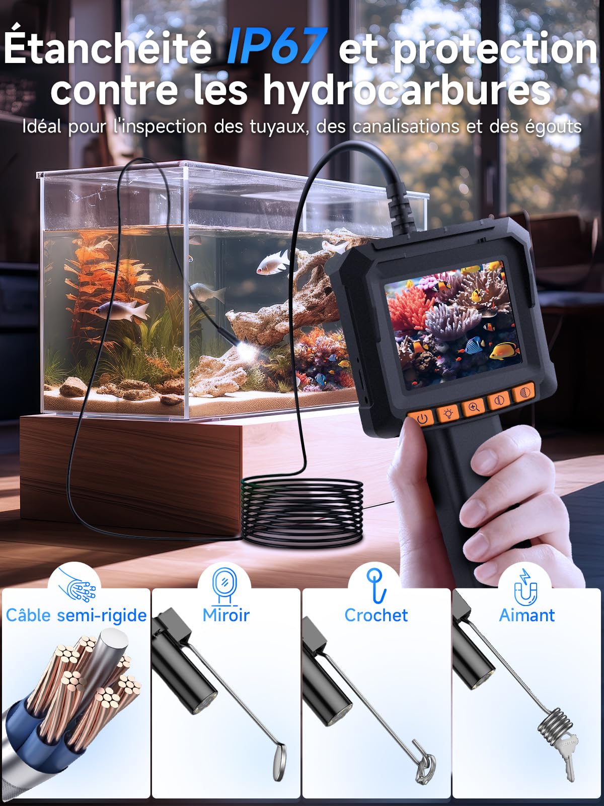 Endoscope Caméra d'inspection, Moman EOS1 Camera Endoscopique Industriel Écran IPS 2,4 Pouces 1080P HD Camera Inspection Canalisation Portatif Étanche IP67 avec 8 Lumières LED 5M Câble Semi Rigide