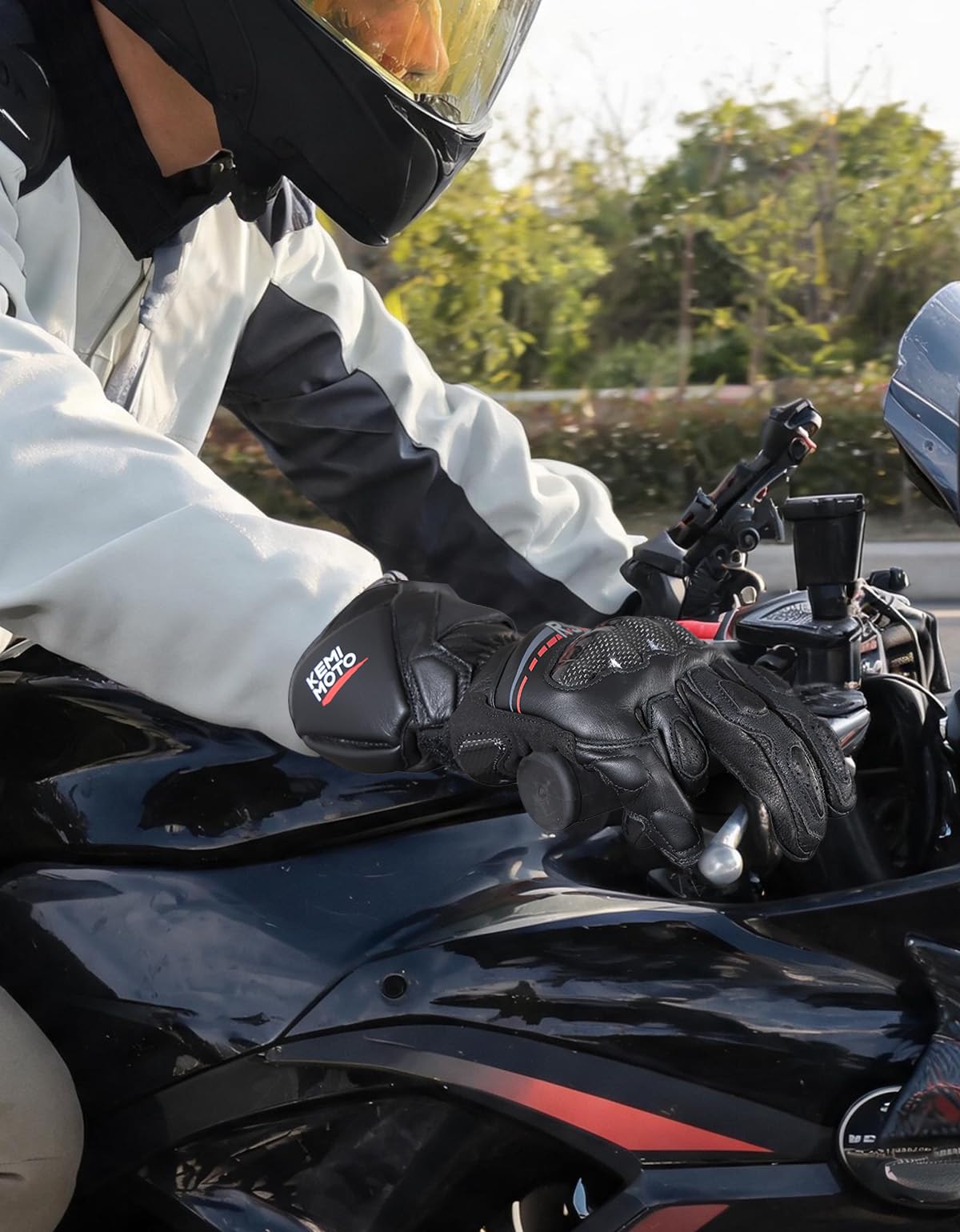 KEMIMOTO Motorradhandschuhe Leder für Herren und Damen, Vollfinger-Handschuhe aus Rindsleder und Ziegenleder mit Carbonfaser-Knöchelverstärkung und Touchscreen