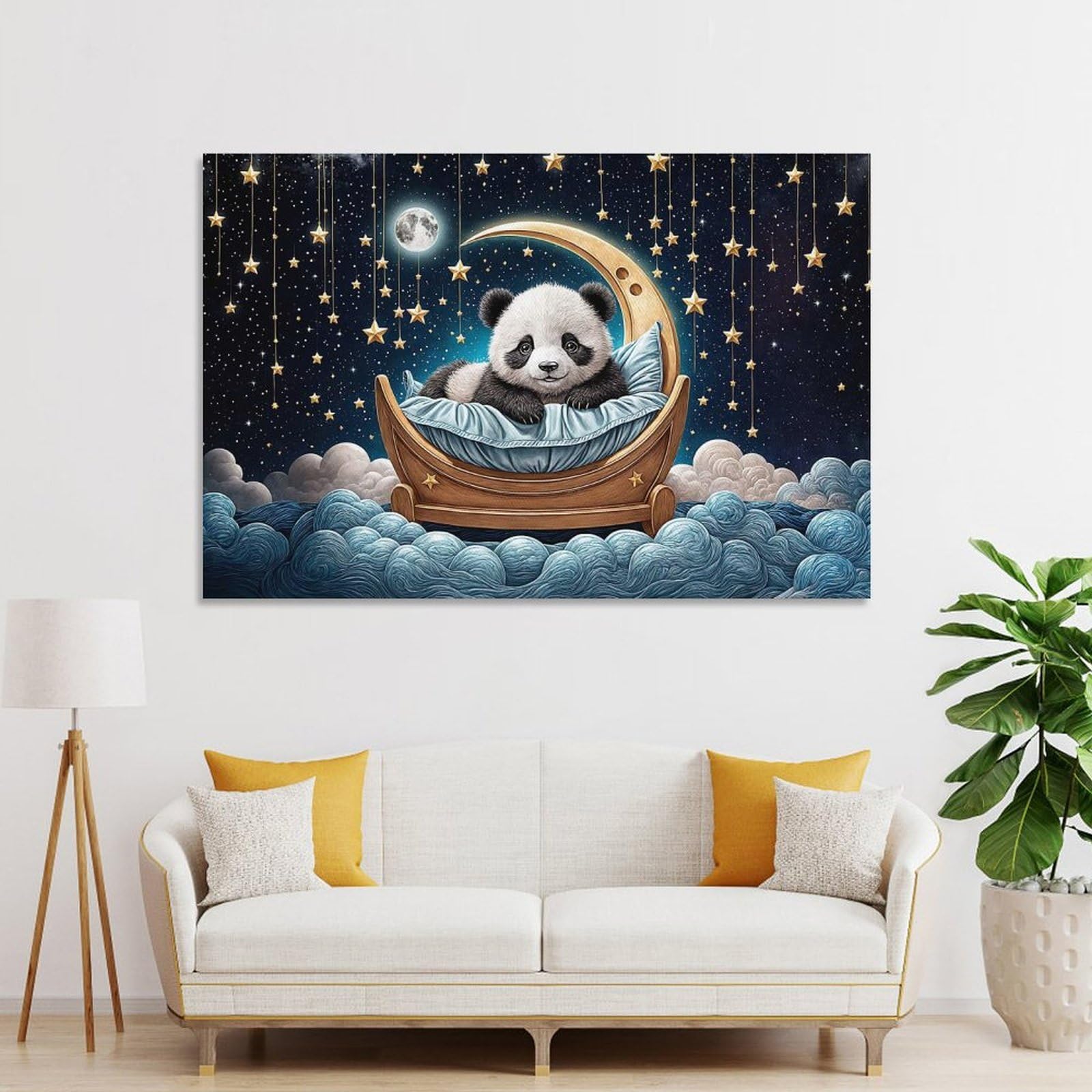 Junmoney Panda Sleeping on Crescent Moon Canvas Wall Art, 16x24inch(40x60cm), for Wall Displays, Bedrooms Or Room Updates, Ideal for Building A Coordinated Art Wall