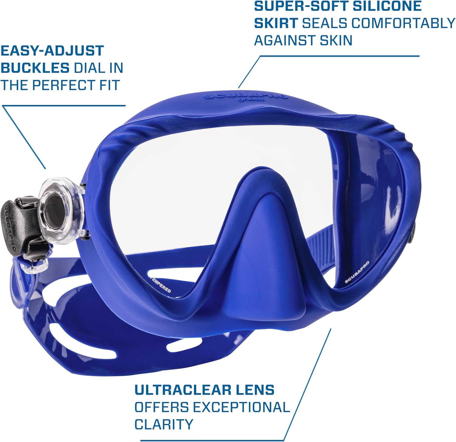 SCUBAPRO Ghost Scuba Dive Mask, Low-Volume Frameless Design w/Ultra Clear Single Lens, Silicone Skirt and Easy-Adjust Strap Buckles, Blue - Image 4