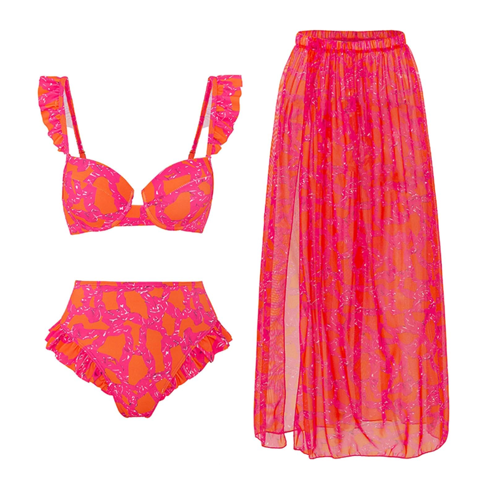 Generisch Costume da bagno da donna con stampa multicolore, alla moda, sexy, con gonna da spiaggia, set da tre pezzi