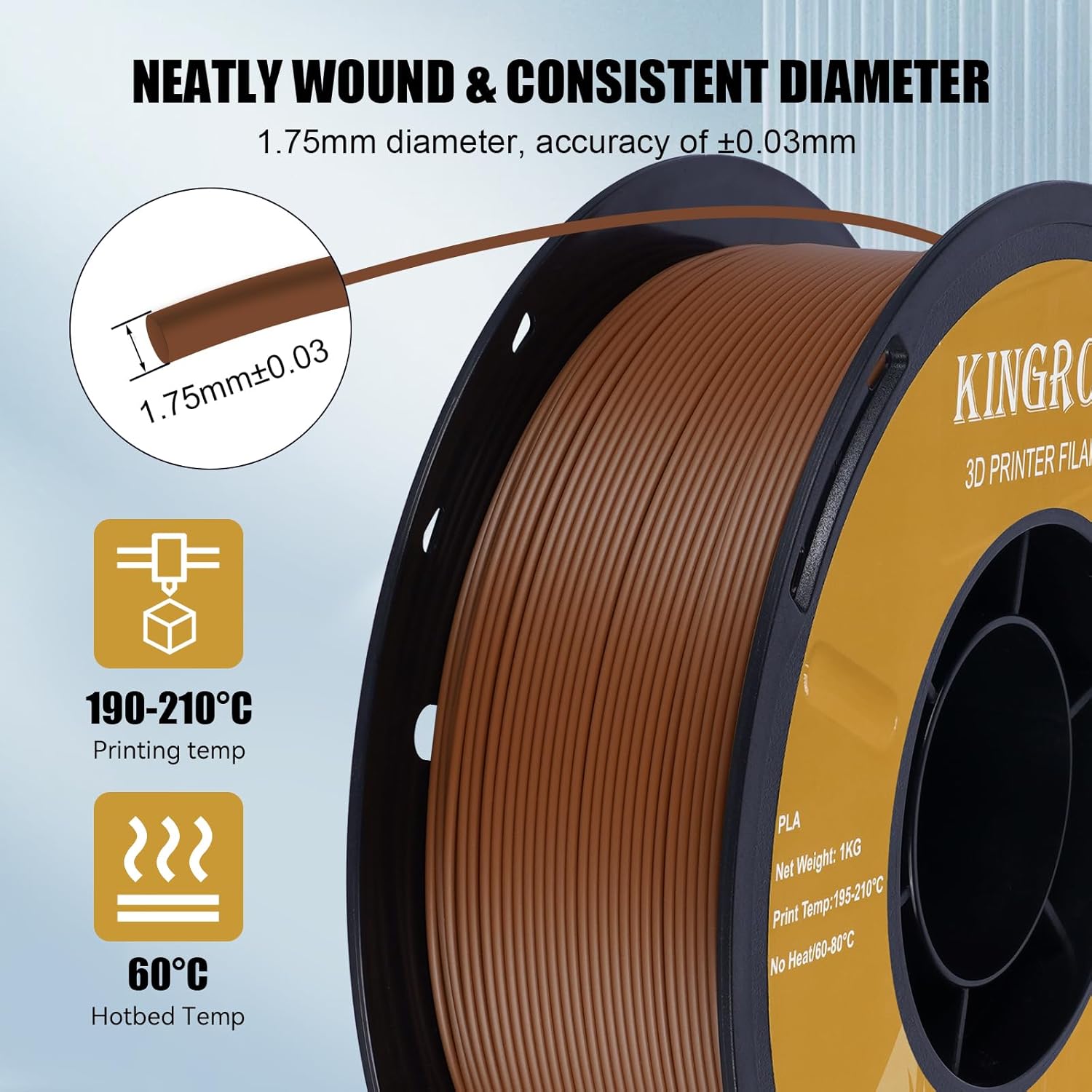 Kingroon High Speed PLA 3D Printer Filament 1.75mm, 3D Printer Rapid Filament for 30-600mm/s Hyper Printing Filament, Dimensional Accuracy +/- 0.03 mm, 1kg Plastic Spool(2.2lbs) (Brown) - Image 6