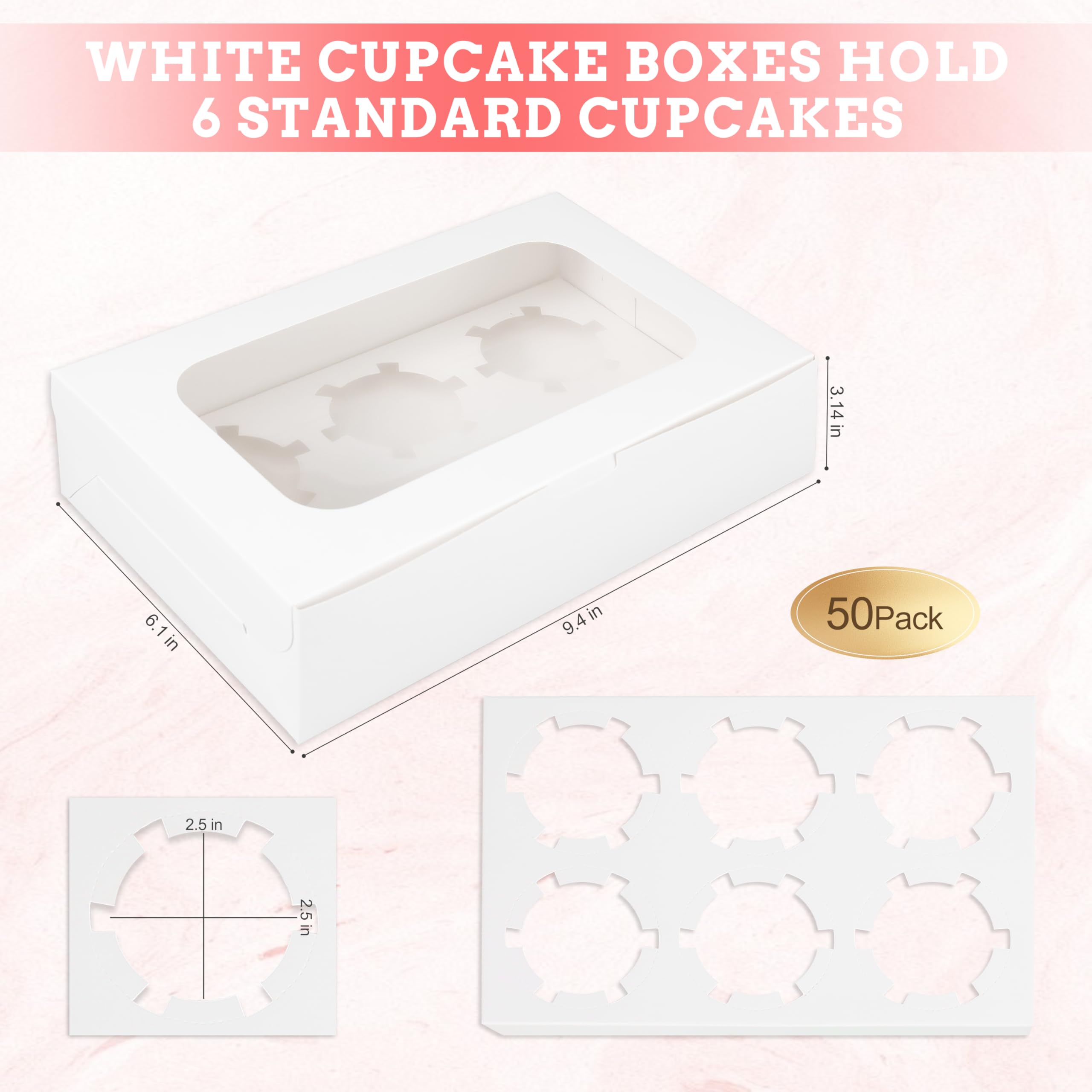 White Cupcake Boxes - 50 Pack, Window & Stand -2