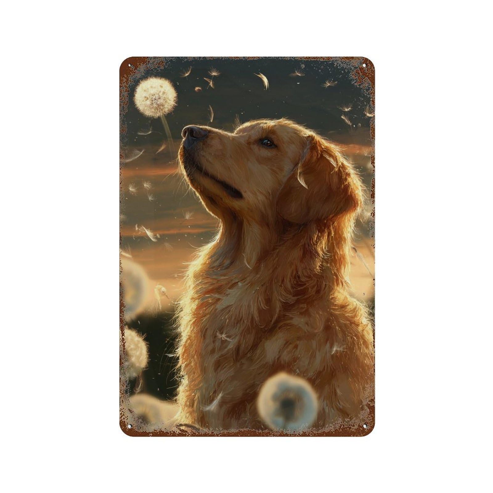 Golden Retriever with Dandelions Rust Effect Tin Sign 11.8"x7.9", Industrial Home Decor for Cafe, Home Bar And Lounge Decor