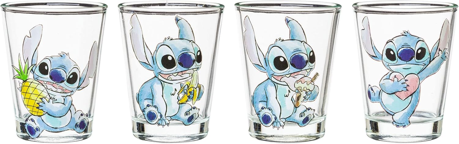 Silver Buffalo Disney Lilo and Stitch Poses with Fruit, Ice Cream, and Heart 4 Pack Mini Glasses, 1.5 Ounces - Image 2