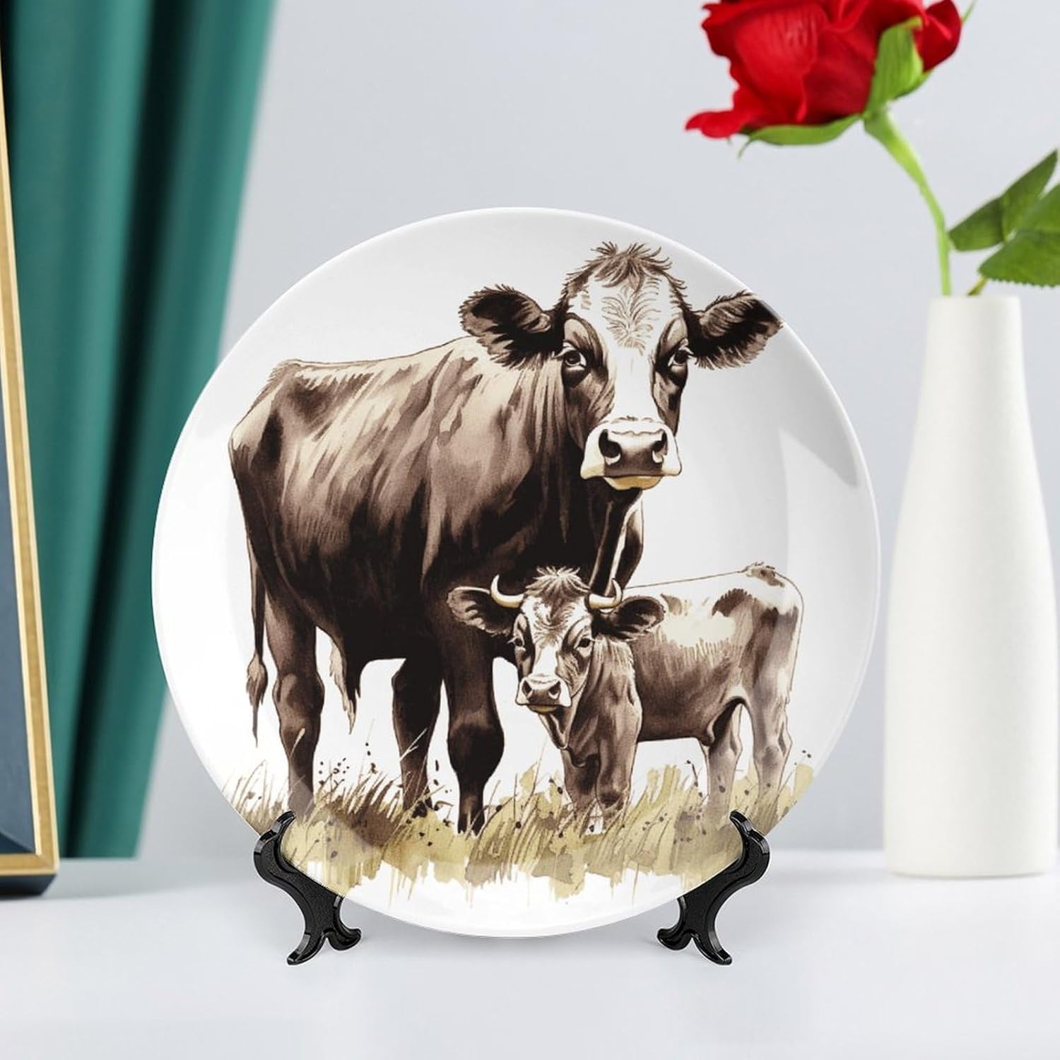 Cow Painting Bone China Decorative Plate with Display Stand, Ceramic Ornaments Plate for Wall Hanging, Personalized Porcelain Plates for Office, Living Room 10inch