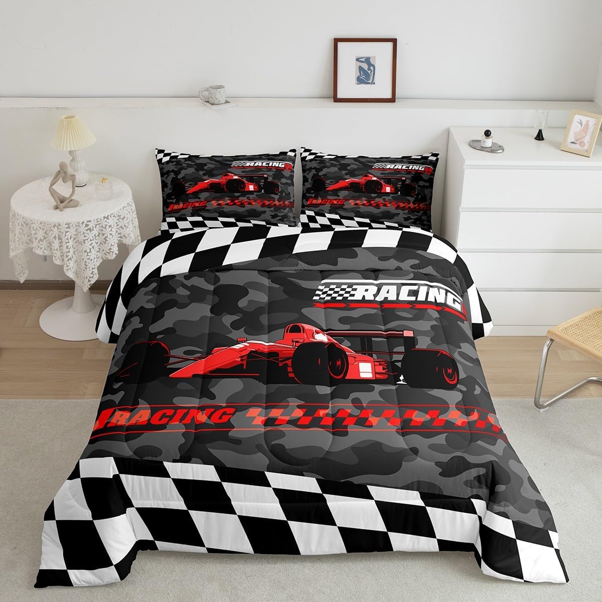 Feelyou Red Racing Car Bedding Set Full Size Kids Boys Cartoon Race Car Comforter Set for Teens Toddler Extreme Sports Duvet Set Camouflage Quilt Set 3Pcs
