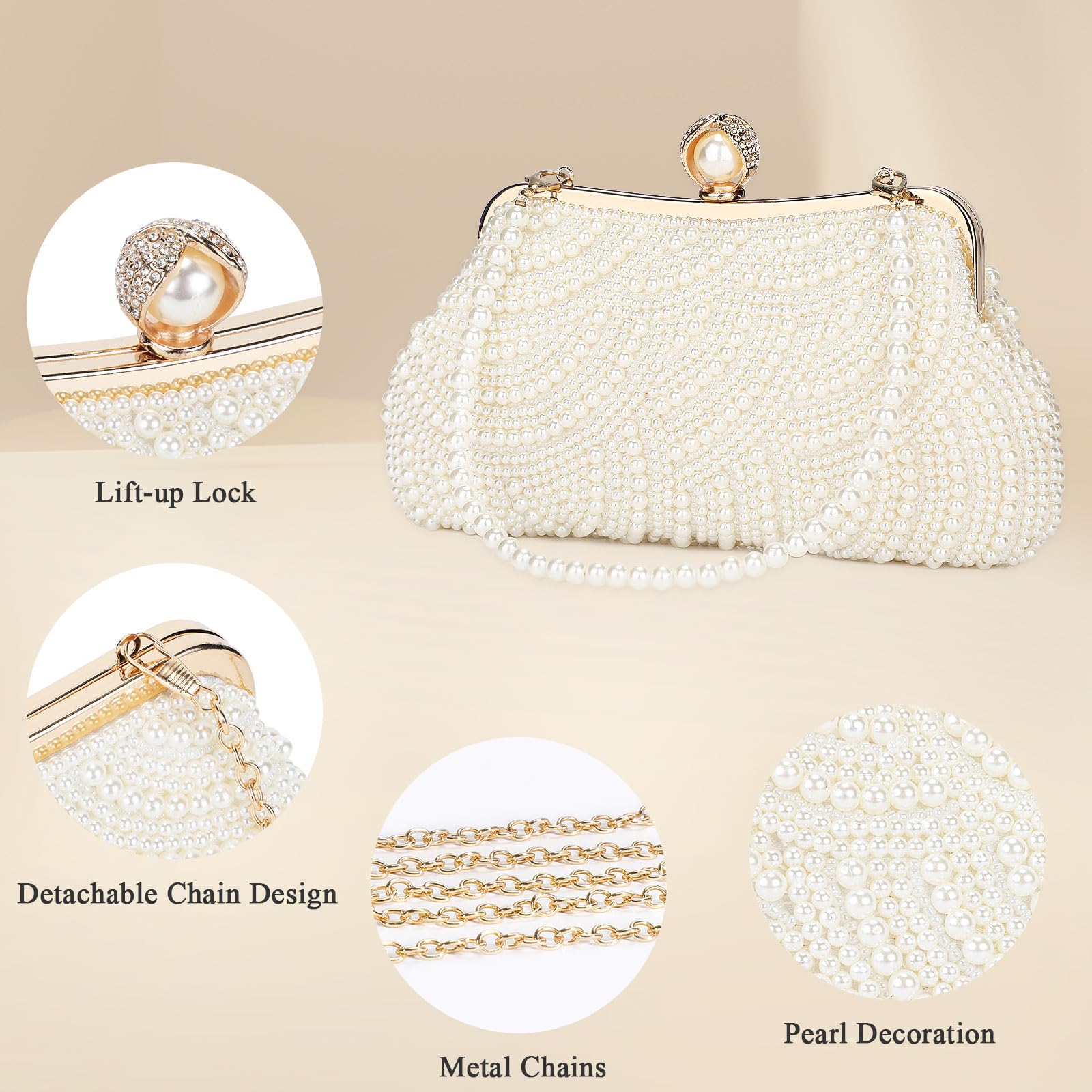 BAIGIO Perlen Damen Clutch Beige Abendtasche Brauttasche Elegant Handtasche Luxury Clutch für Mädcehen Umhängetaschen Klein Tasche für Hochzeit Geburtstag Afterparty Soft