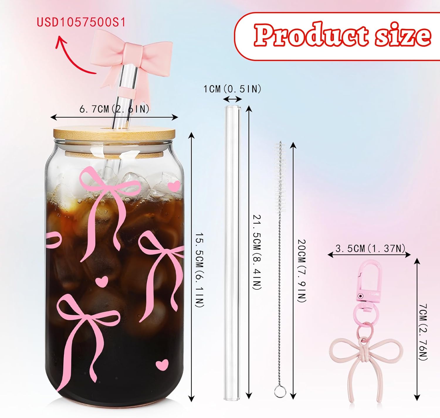 Mason Life Coquette Pink Bow Cute Glass Cups with Lids 2Pack 18OZ Cute Tumbler Glass Cup with Keychains and Straw Covers for Valentines Day Gift Iced Coffee Smoothie Cocktail Matcha Milk Mother's Gift - Image 3