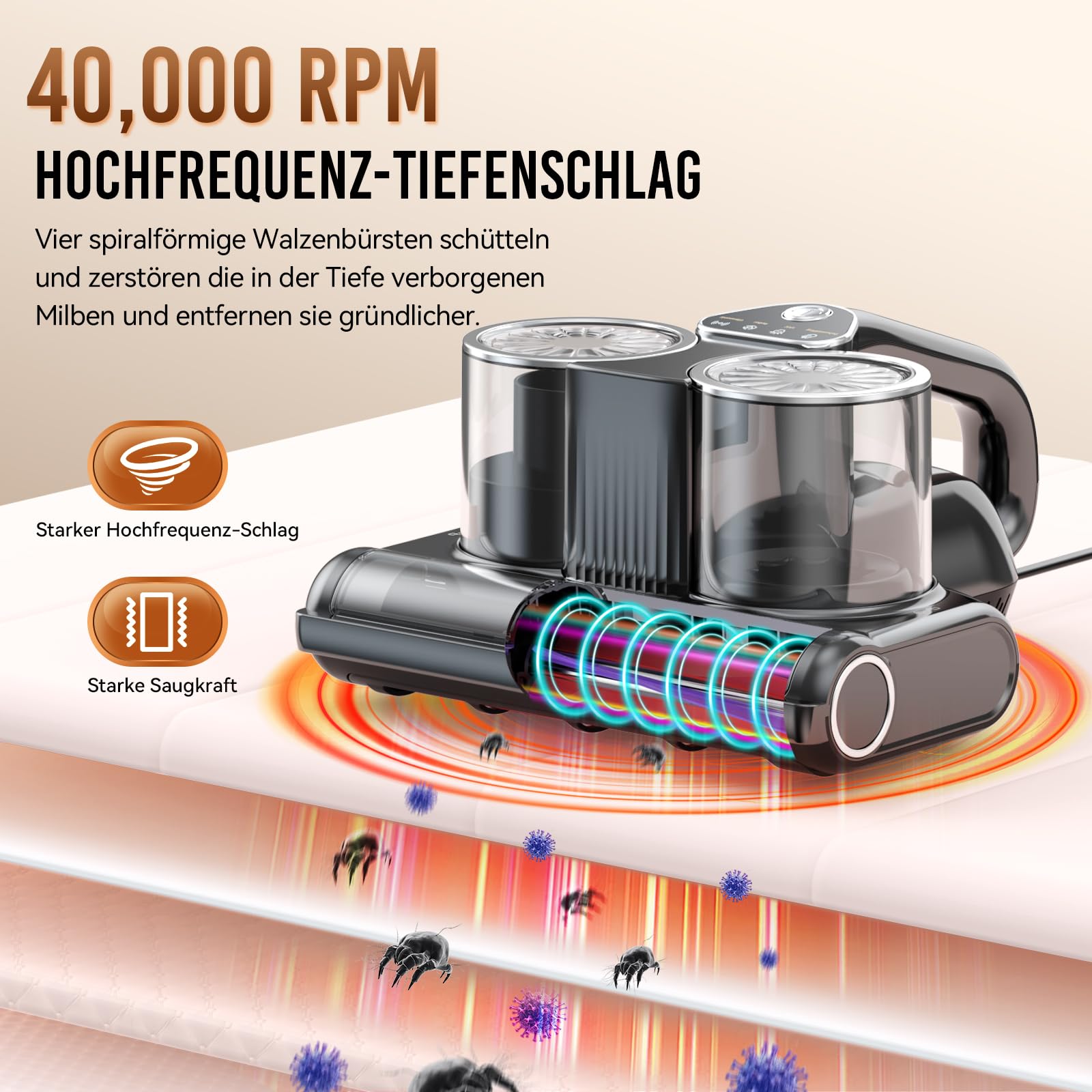 Milbensauger für Matratzen mit UV-Licht, 16Kpa, 500W Bettstaubsauger Matratzenreiniger