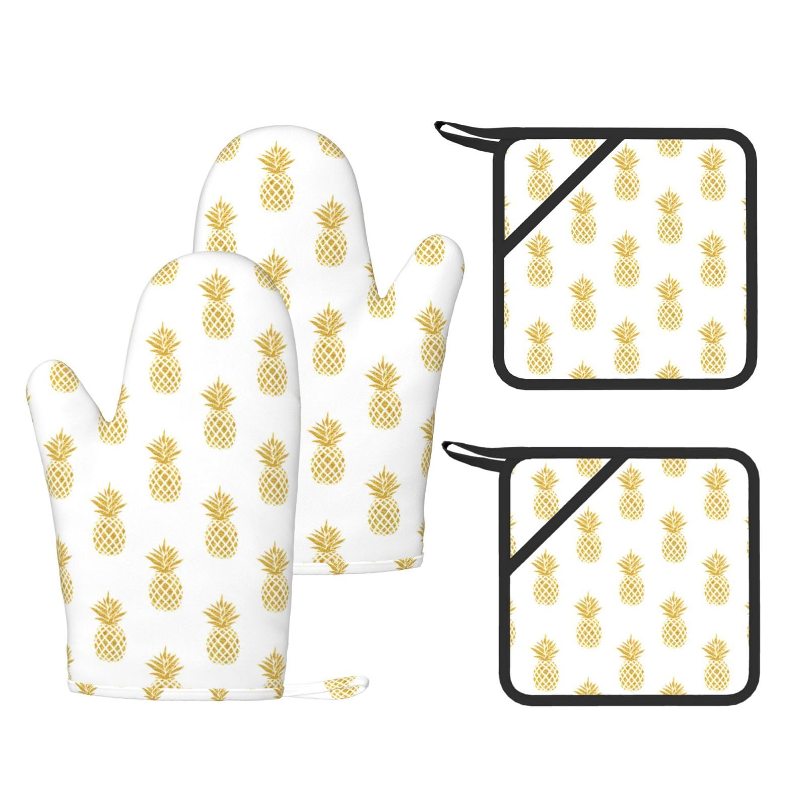 gold pineapple background Printed Cooking Mitts and Pot Holders 4 Pcs, Heat Resistant Oven Gloves with Hanging Loop Chef