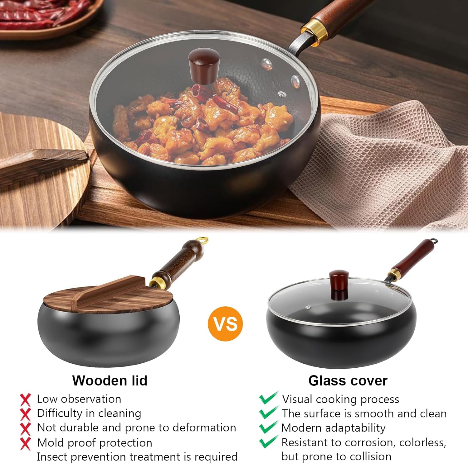Suntuup Japanese Iron Pan, 11.02 Inch Uncoated Thick Iron Pot Hand-Forged Non-Stick Flat Bottom Pan with Glass Lid and Shovel for Induction, Electric, Gas
