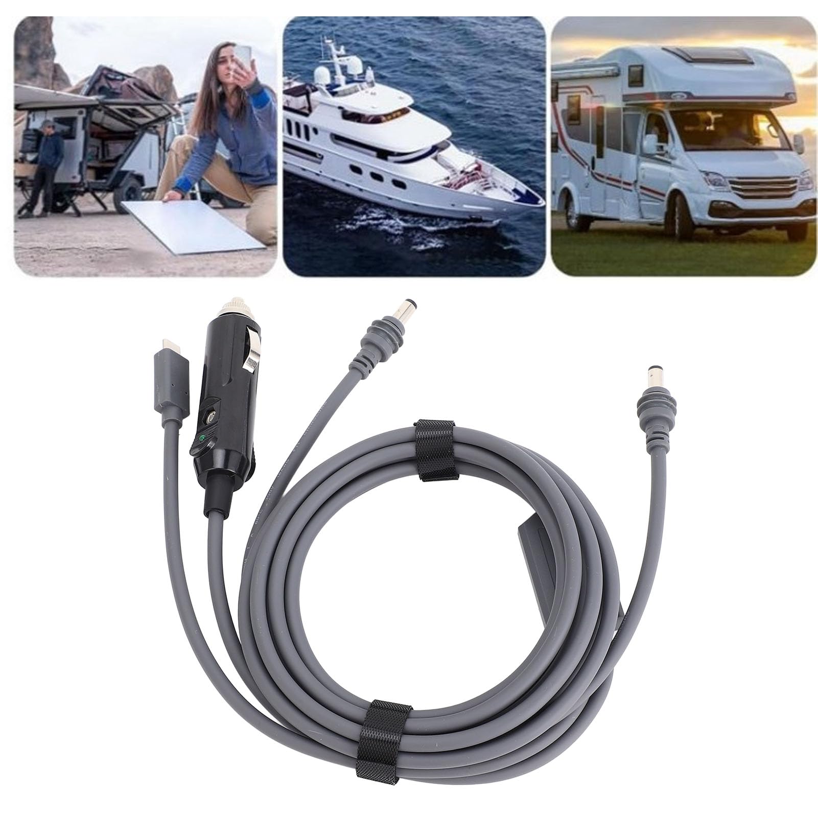Kabel Zasilający 98.4FTDC — Wodoodporny Przedłużacz 3 w 1 z Wejściem Zasilania Samochodowego DC, Typu C, 12 V i 24 V, 18AWG, Antenami IdealMini i Innymi Urządzeniami USB C