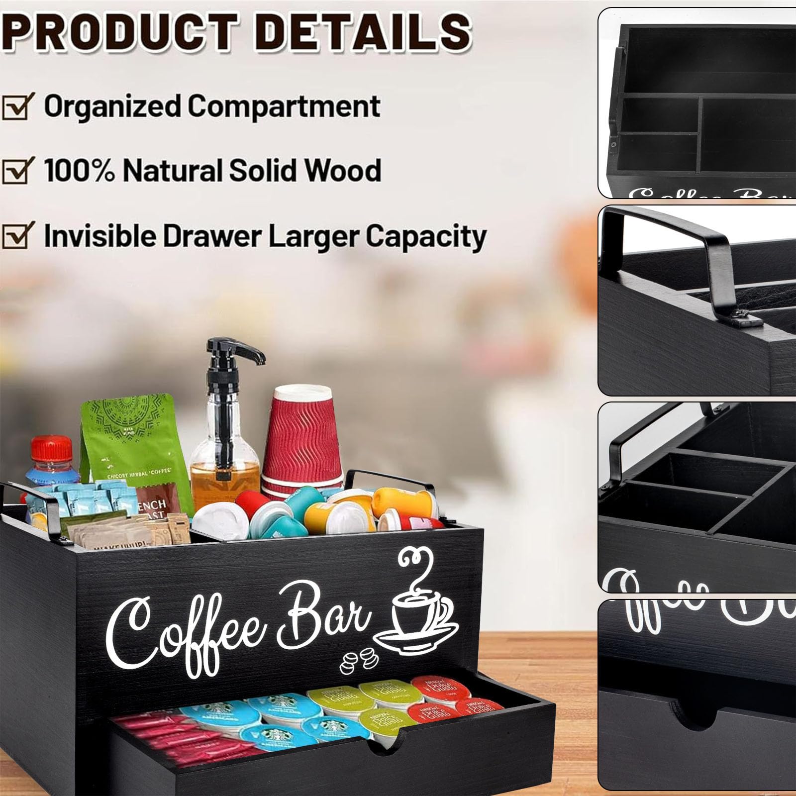 Organisateur de Café Pour Accessoires de Café, Station de Café et Sachets de thé, Boîte de Rangement Pour Capsules de Café, Bar à Café Pour Lait, Serviettes, Capsules, Sucres (2 Niveaux)