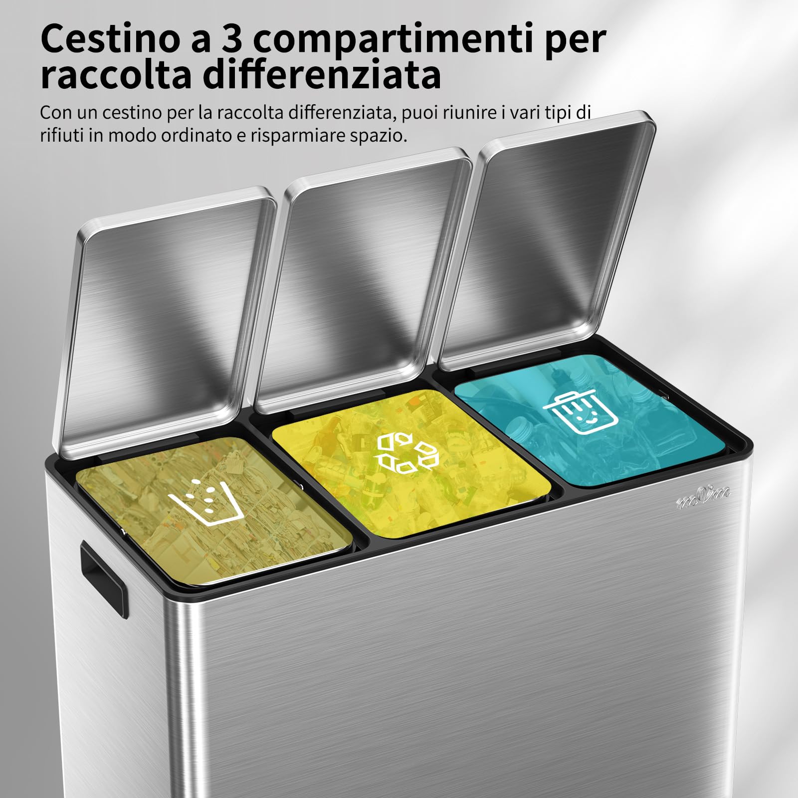 mVm Pattumiera Cucina, Pattumiera Differenziata 3 Scomparti, 3 x 15L, 3 Scomparti per Riciclaggio, in Acciaio Inossidabile, Secchi Interni Rimovibili, per Cucina, Ufficio, Argento