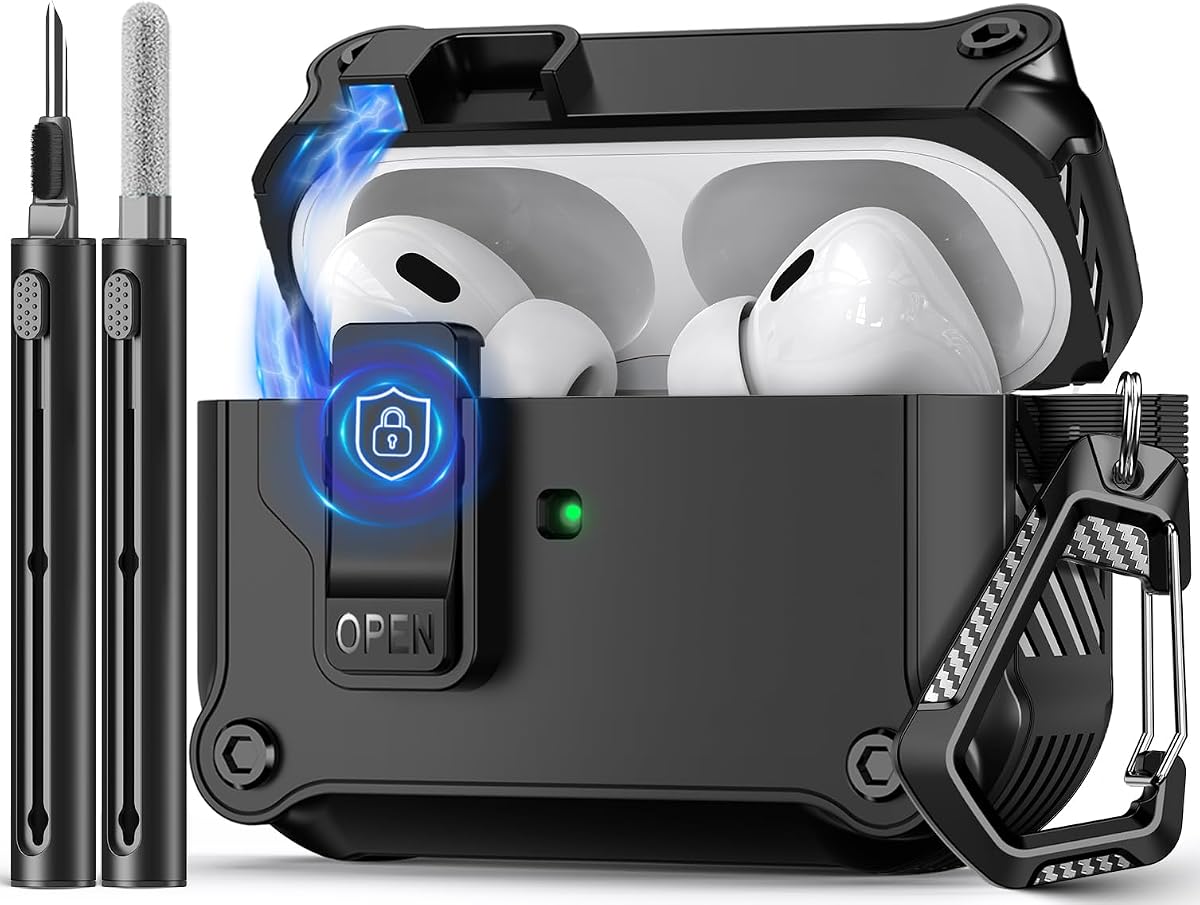 Pohgelan Compatible with AirPods Pro 2nd/1st Case (Black) | Magnetic Automatic Lock with Cleaning Kit,Compatible with Magsafe