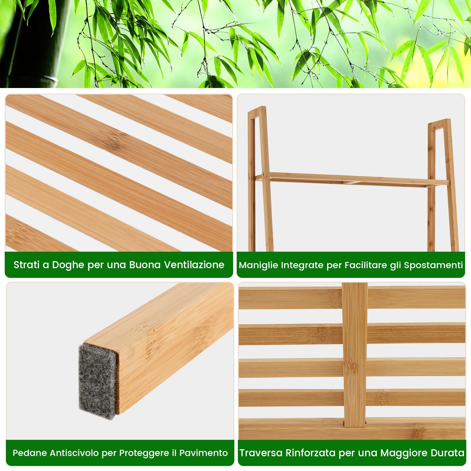 COSTWAY Scaffale a Scala in Bambù a 4 Piani, Supporto Multifunzionale per Piante con Dispositivo Anti-Ribaltamento, Ideale per Terrazza, Giardino, Balcone