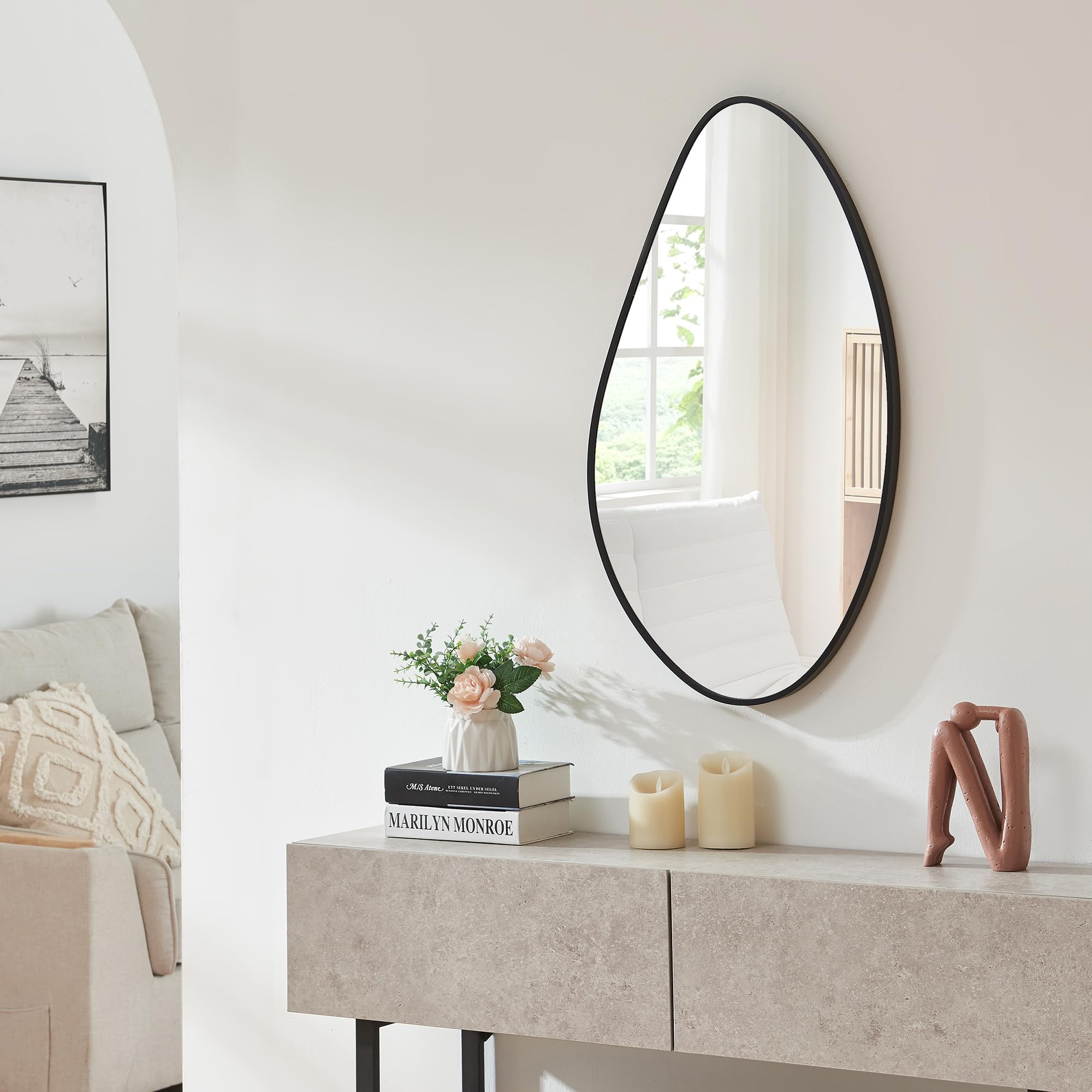Specchio da parete asimmetrico in legno nero con cornice irregolare piccolo specchio da parete moderno unico decorativo camera da letto soggiorno bagno ingresso vanità specchio ovale estetico