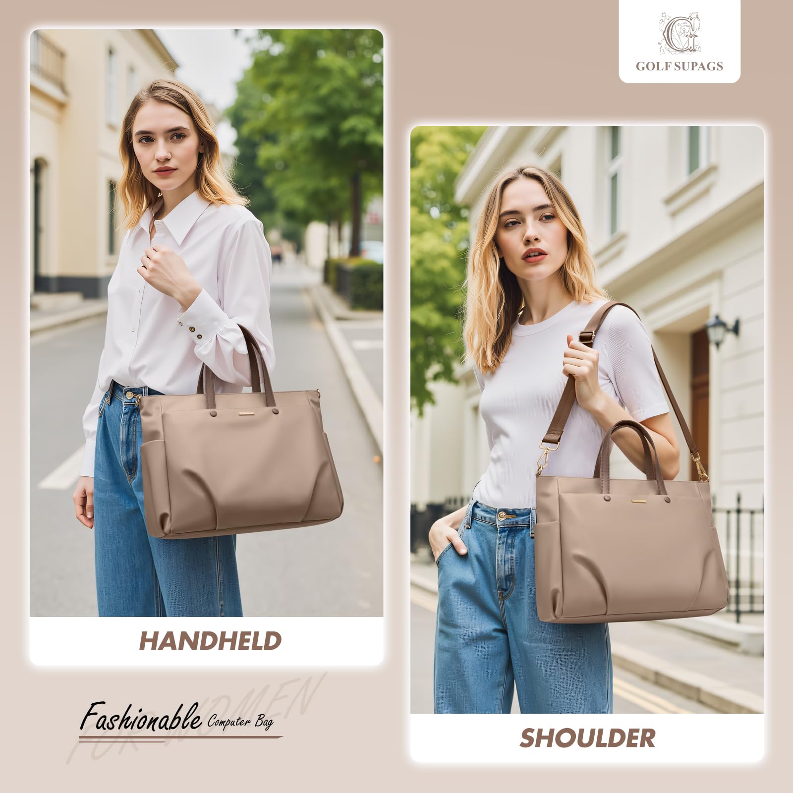 GOLF SUPAGS Sac Fourre-Tout Pour Ordinateur Portable 15 Pouces, Sac à Bandoulière Pour Ordinateur Pour Femme, Sac à Main élégant Pour Le Travail et Les Voyages (Champagne)