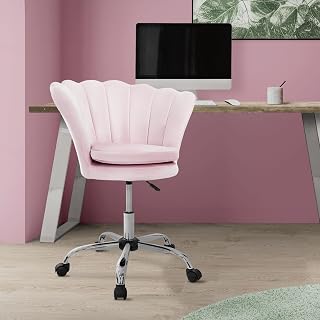 ML-Design Silla de Tocador de Terciopelo Rosa Claro, Asiento Tapizado Giratorio 360° con Ruedas, Sillón Ergonómico de Oficina/Escritorio de Maquillaje Diseño Moderno de Concha, Respaldo Envolvente