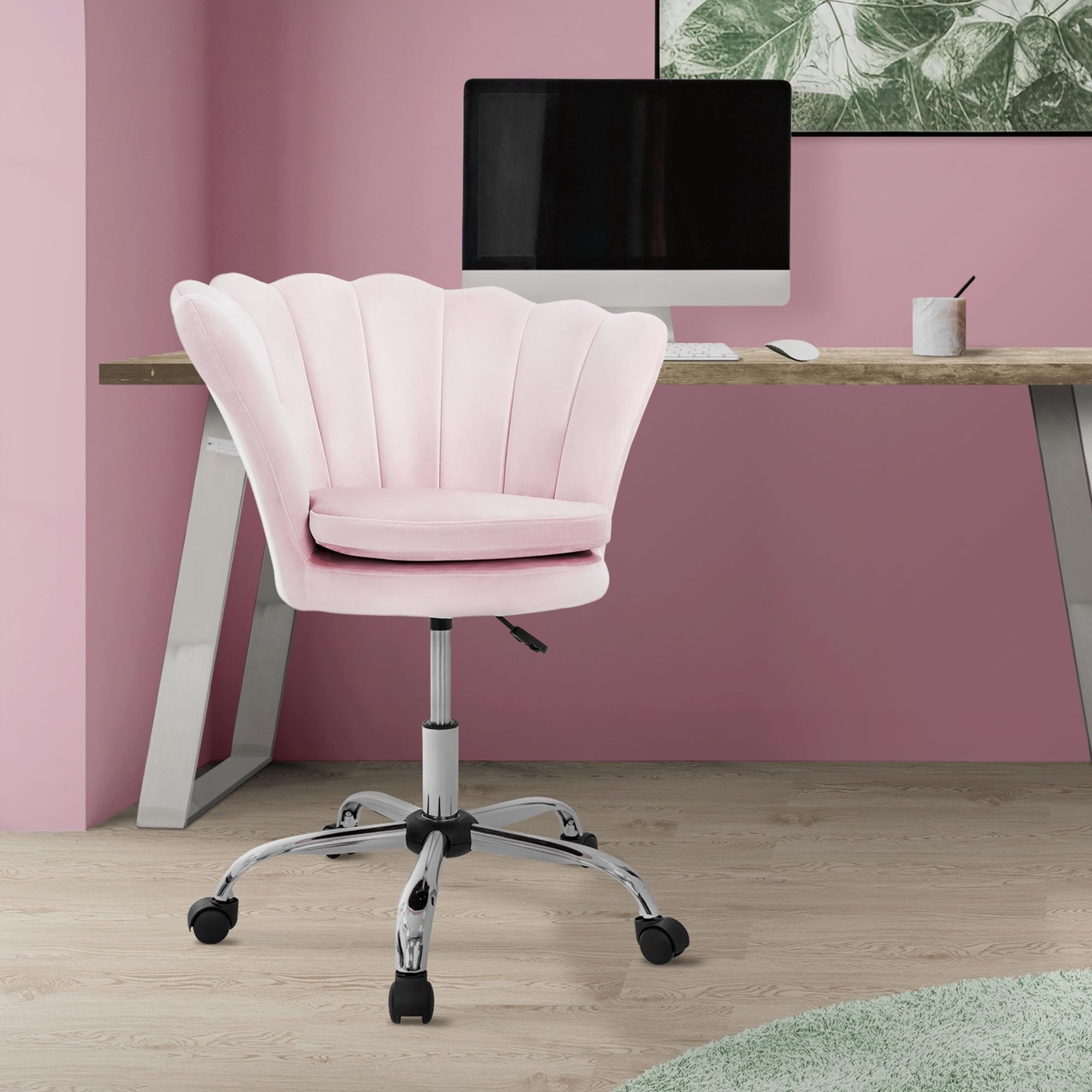 ML-Design Silla de Oficina Asiento de Tercipelo Rosa Claro Sillón Giratorio 360° con 5 Ruedas, Respaldo,Regulable en Altura y Carcasa Tapizada Diseño Moderno Ergonómico Adecuado para Escritorio