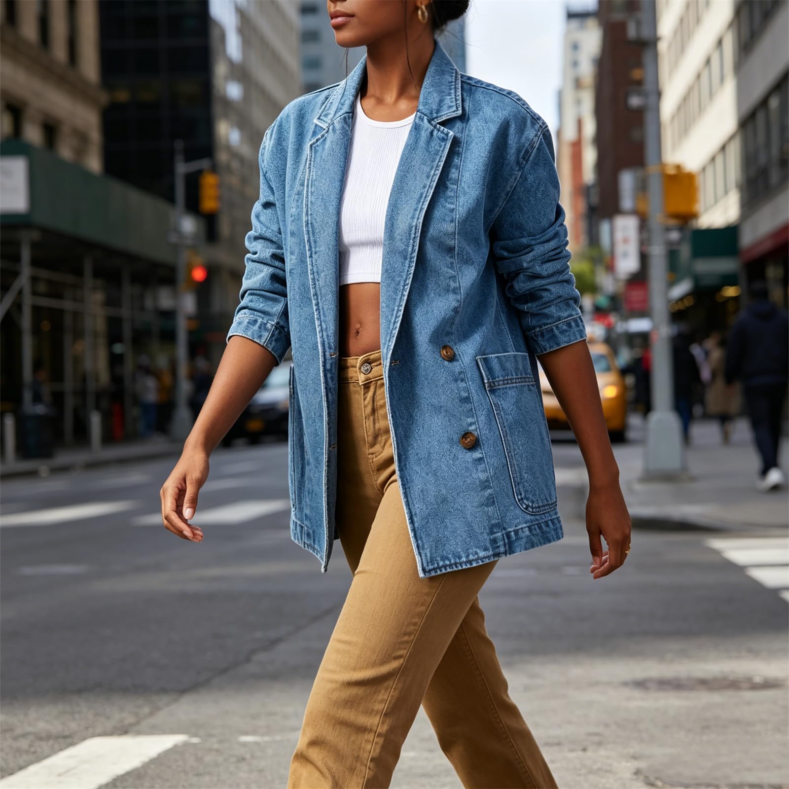 Veste Blazer en Jean Oversize pour Femme, Manches Longues, Coupe décontractée, col à Revers, Ouverte sur Le Devant, idéale pour Le Bureau ou Les Affaires, avec Poches.