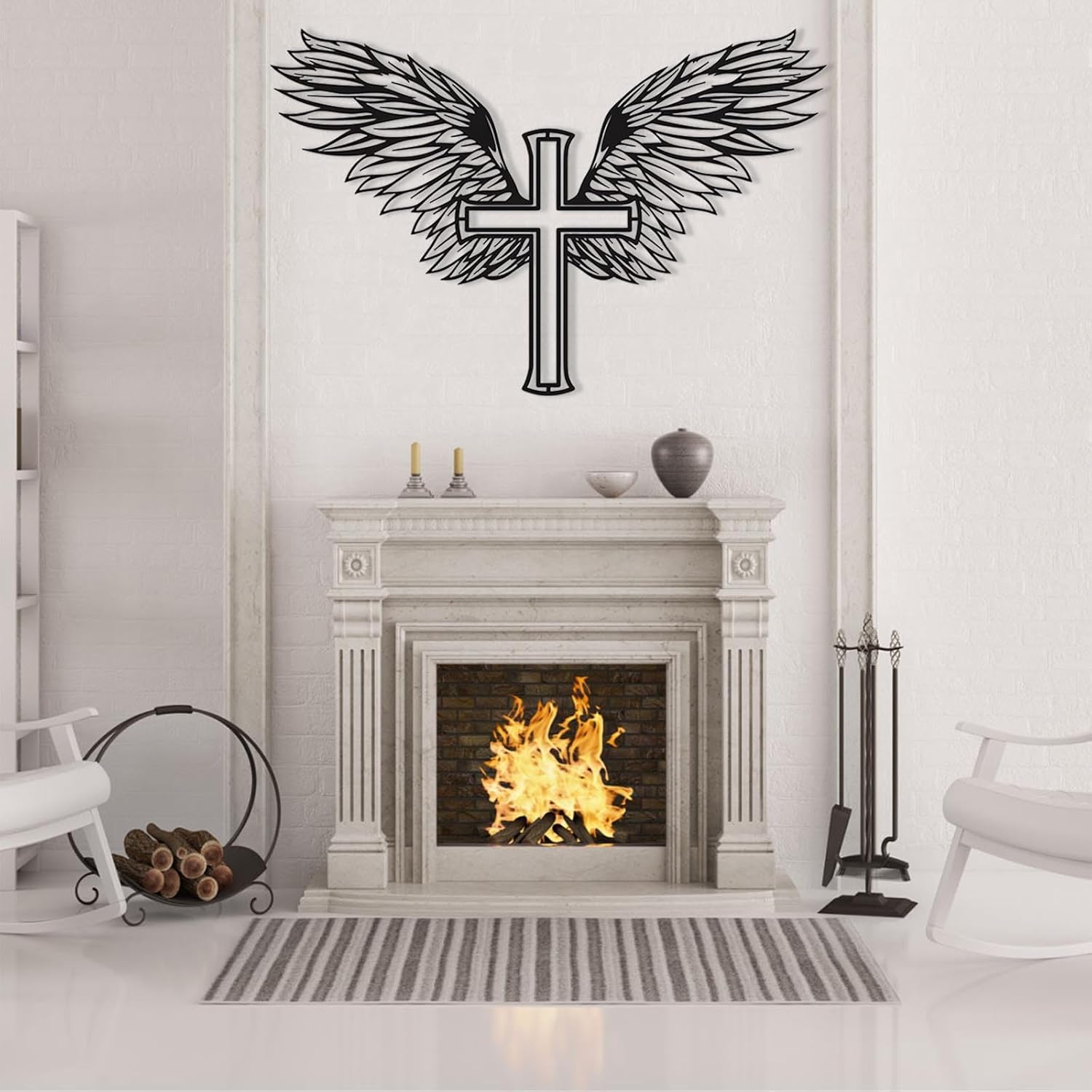 Veplsur Metal Wall Art-Cross with Angel Wings, Metal Cross Wall Decor, Angel Wings Wall Decor, Metal Wings Wall Decor, Cross Wall Decor, Christian Decor, Christian Art Wall (Black, 35"x23"|90x59cm)