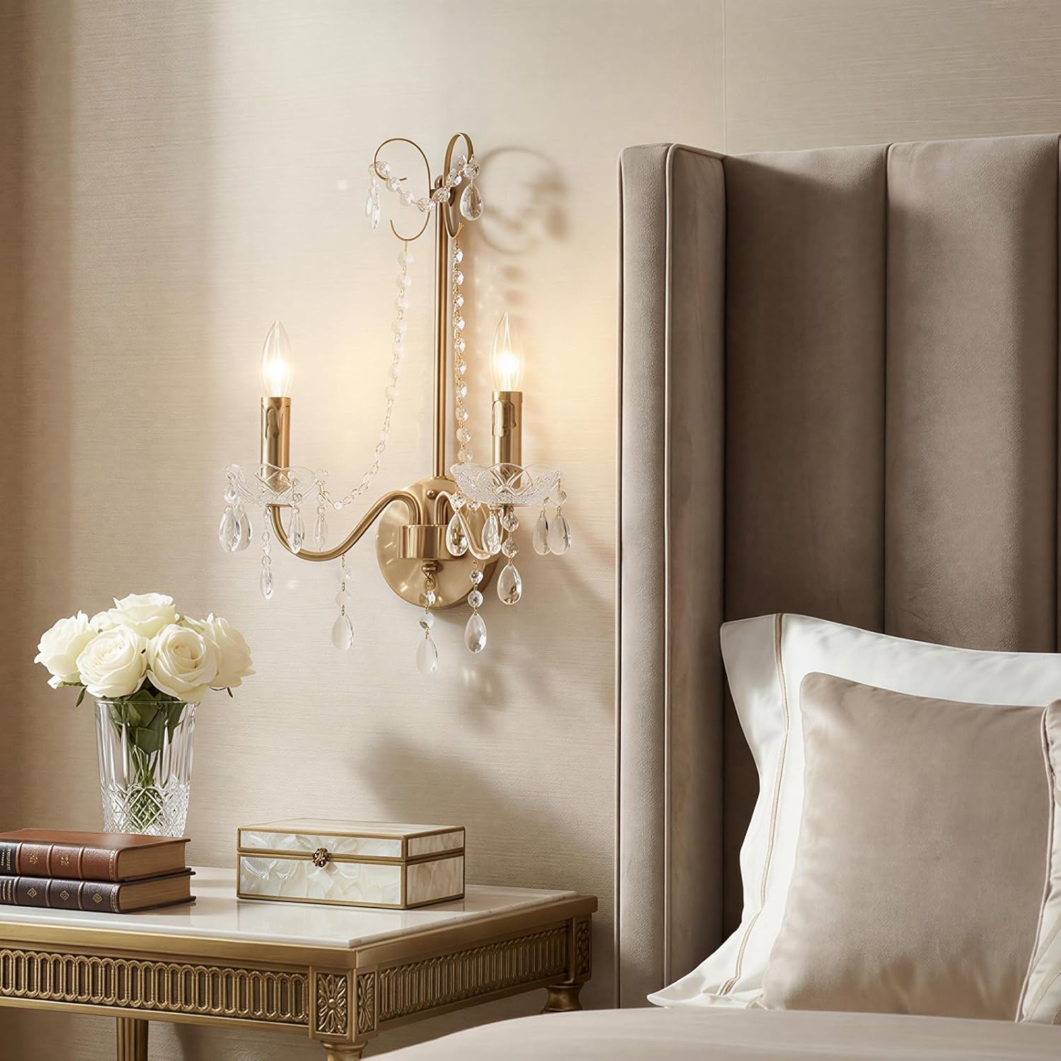 Crystal Wall Sconce Light, 2-Lights Hardwired Gold Wall Sconce with Crystal Dish Indoor Vintage Sconces Wall Lighting Candle Hallway Wall Light Fixtures for Bathroom Living Room Bedroom, 1-Pack
