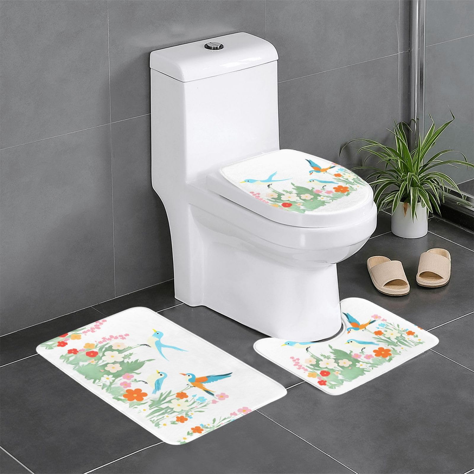 Tapis de bain antidérapants lot de 3 au motif oiseaux de jardin fleuri séchage rapide