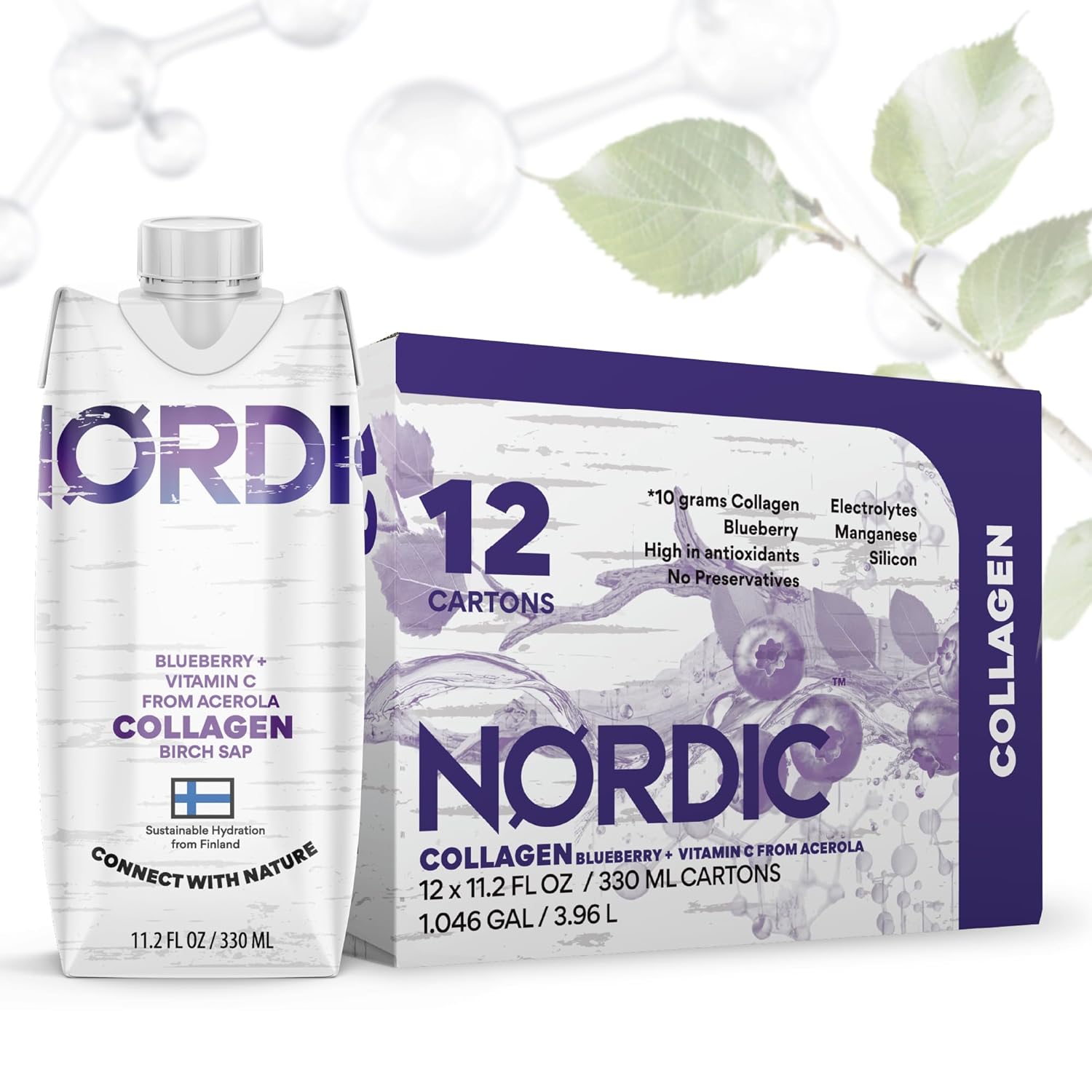 Nordic Liquid Collagen Peptide Drink, Organic Birch Sap, Wild blueberry + Vitamin C, Made in Finland - 10g Clinically Studied Grass Fed Collagen Peptides for Skin Hair Nails & Joint Support, with Silica, BPA-Free Beverage (12 Pack)