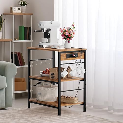 Miniatura 4 de ETELI Estante para panaderos con toma de corriente, carrito de microondas con estación de café de almacenamiento, carrito de mesa con ruedas para