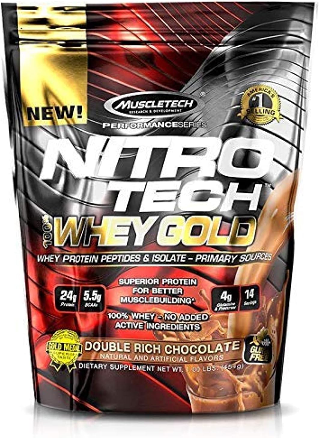 MuscleTech NitroTech Whey Gold, 100% Pure Whey Protein, Whey Isolate and Whey Peptides, Double Rich Chocolate, 1 Pound