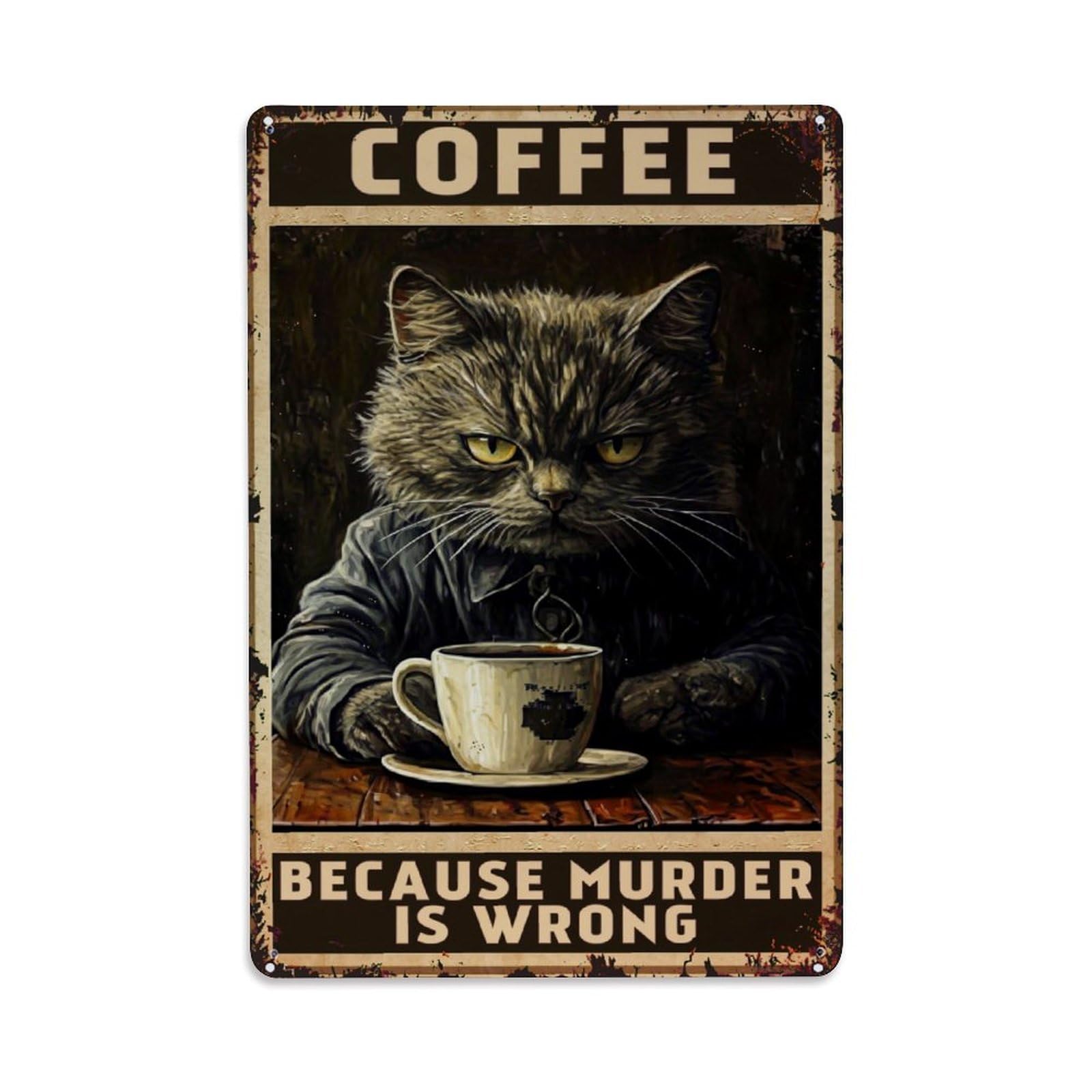 Bliveurn Vintage Cat Drinking Coffee Sign Retro Metal Tin Sign, Metal Poster For Home, Gaming Room, Studio Workshop,Bar,Garage Wall Art Decor 8X12 Inch