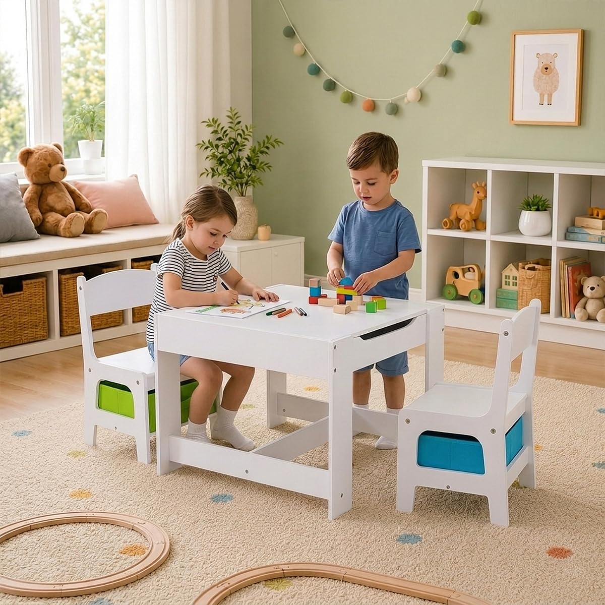 Baby Vivo Kindersitzgruppe Kindertischgruppe Kindermöbel Kinderzimmer Set mit multifunktionalem Tisch und 2 Stühlen aus Holz - Moritz