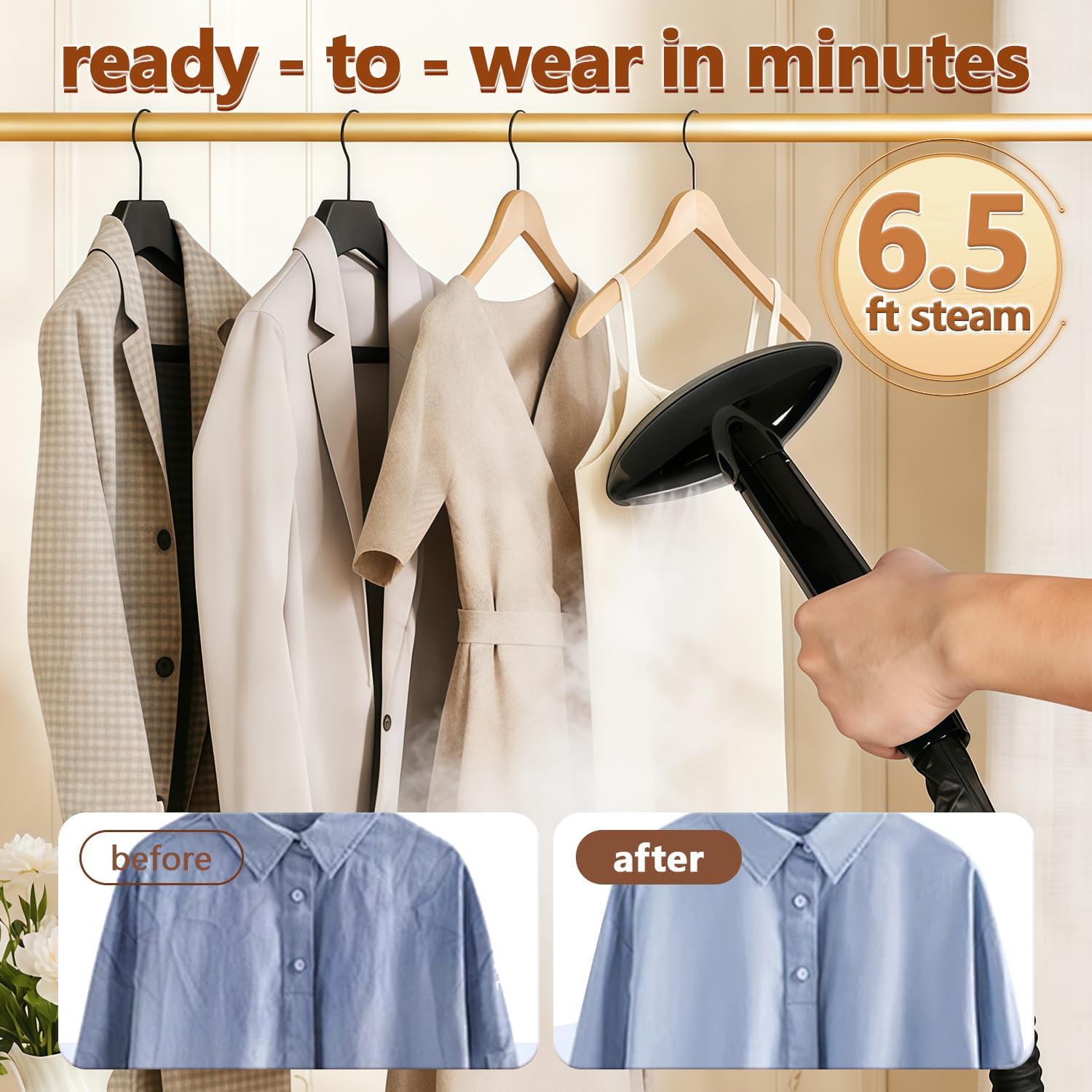 Standing Garment Steamer, 2000W Powerful Steamer for Clothes, 2.4L Water Tank for 90 Mins Continuous Steaming,3Steam Levels with Roll Wheels, Home Commercial Use (Black)