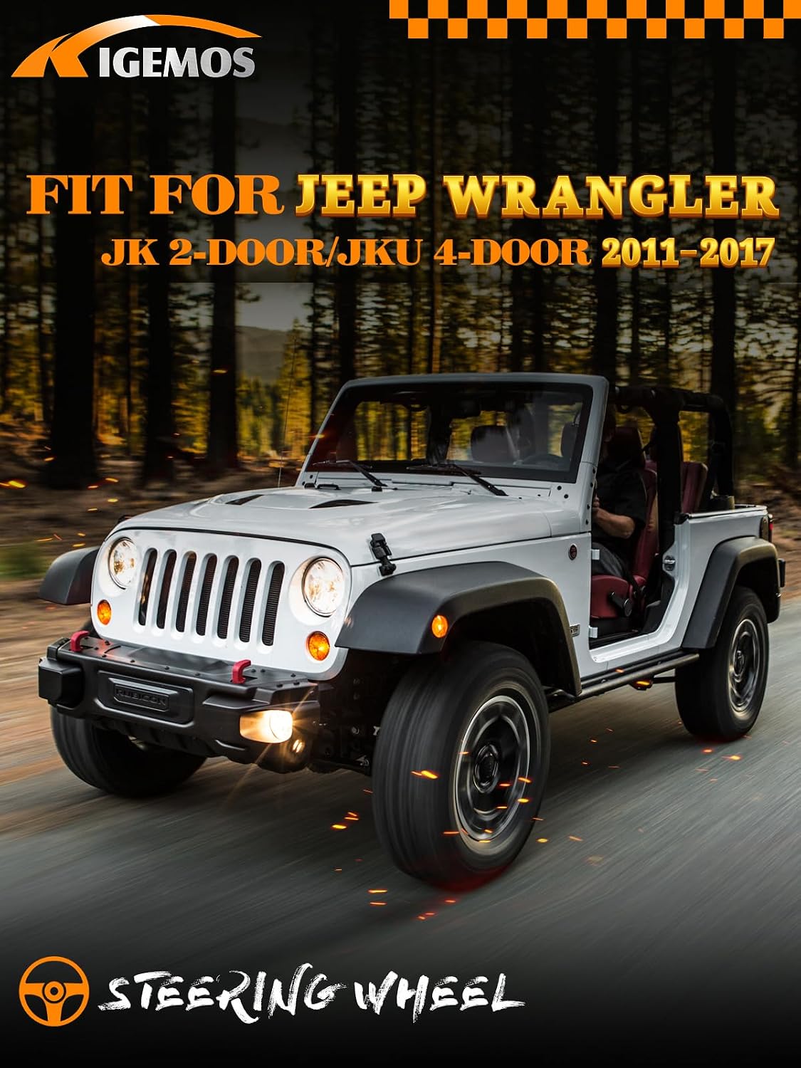 Hydro-Dip Carbon Steering Wheel Frame Compatible with Jeep Wrangler JK JKU 2011-2017, Dynamic D-Shape Design, Perforated Nappa Leather Grip, Interior Upgrade