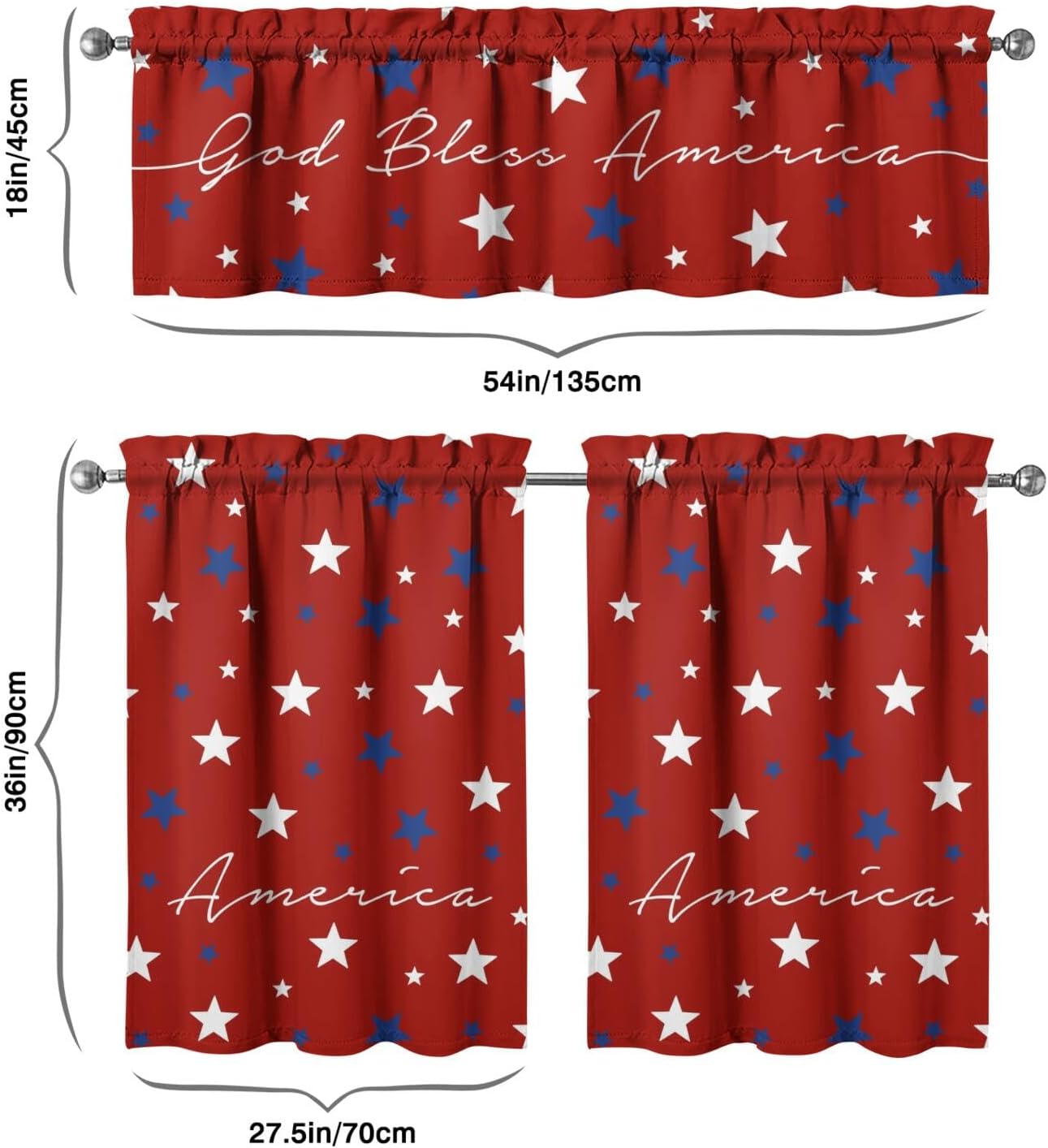 4th of July Kitchen Curtains Independence Memorial Day Decorations Patriotic Red American Flag Valances Rod Pocket Window Curtains Tier and Valance Set, 54" x 18" Valance, 27" x 36" Tier, 3 Panel Set