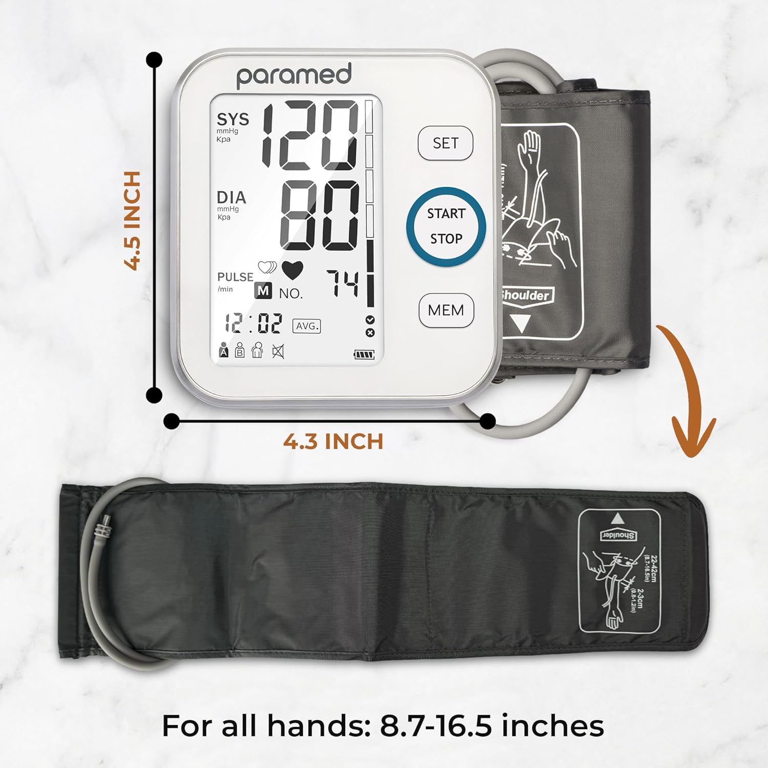 Paramed Blood Pressure Monitor - Bp Machine - Automatic Upper Arm Blood Pressure Cuff 8.7-16.5 inches - Large LCD Display 120 Sets Memory - Device Bag & Batteries Included