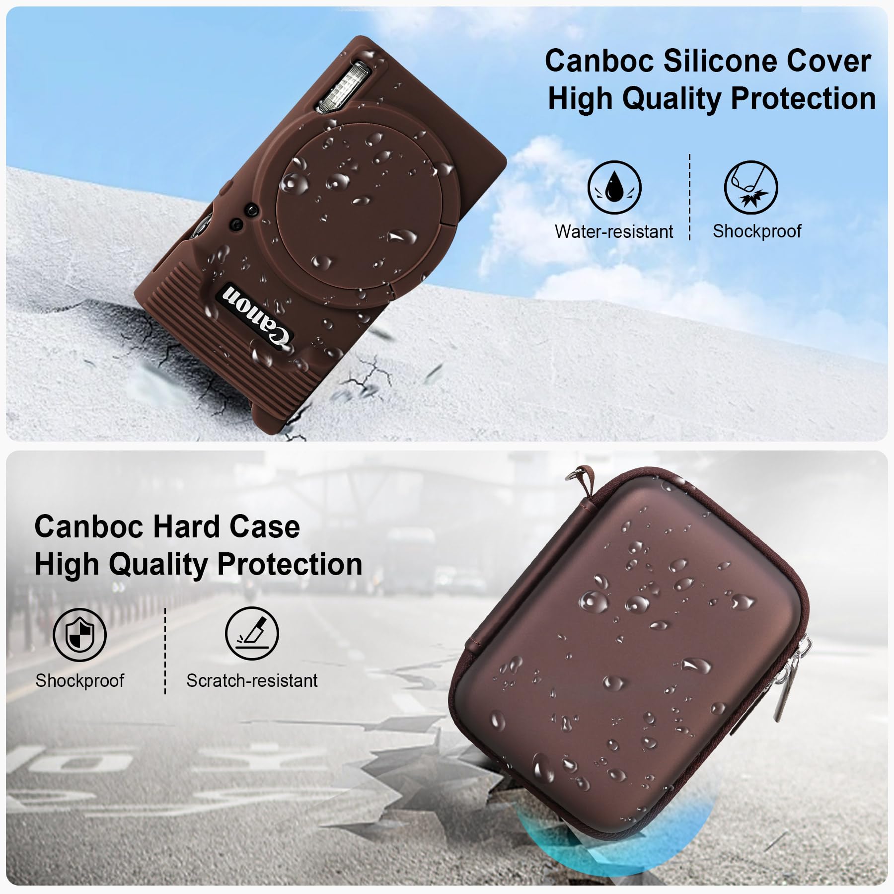 Canboc Custodia fotocamera digitale Canon PowerShot ELPH 360 / IXY 650 HS, custodia da trasporto rigida + copertura protettiva in silicone morbido con copertura lente rimovibile, marrone