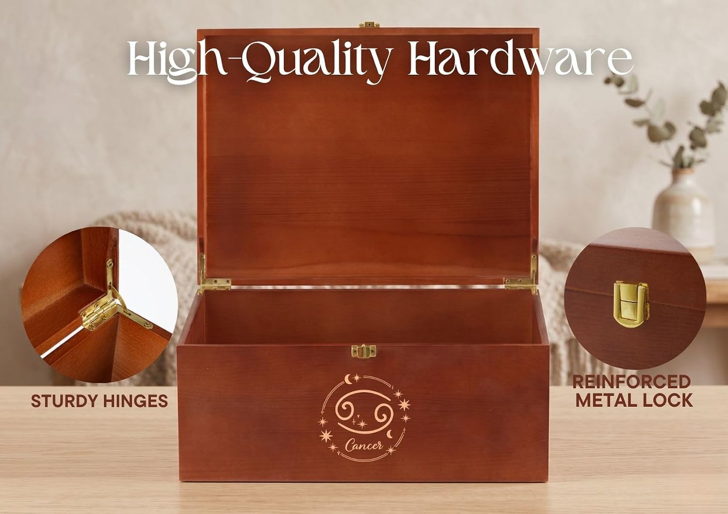 InnoBeta Zodiac Gifts for Women, Large Keepsake Boxes with Lid, Wooden Storage Boxes, Decorative Organizer with Lid for Housewarming, Christmas, Birthday, Memory Treasure - Cancer