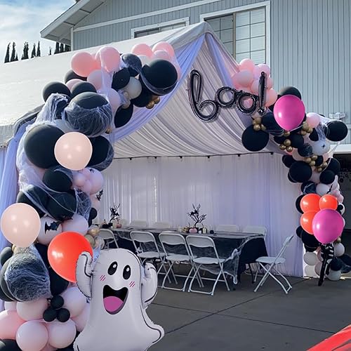 Miniatura 8 de Guirnalda de arco de globos de Halloween, decoraciones de fiesta de Halloween rosa con bonitos globos de aluminio de fantasma, globos retro de látex