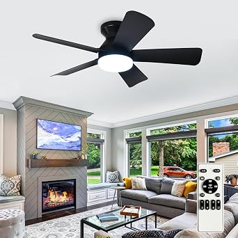 Depuley Modern Ceiling Fan with Light 35-Inch Black Small Fans for Bedroom Indoor Outdoor - Dimmable Flush Mount Low Profile Ceiling Fans with Remote Control 5 Reversible Black Blades 6 Speeds Timer [Energy Class F]