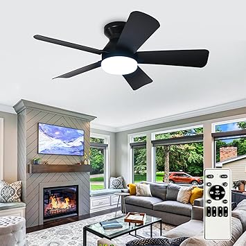 Depuley Modern Ceiling Fan with Light 35-Inch Black Small Fans for Bedroom Indoor Outdoor - Dimmable Flush Mount Low Profile Ceiling Fans with Remote Control 5 Reversible Black Blades 6 Speeds Timer [Energy Class F]