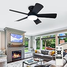 Depuley Modern Ceiling Fan with Light: 35-Inch Black Small Fans for Bedroom Indoor Outdoor - Dimmable Flush Mount Low Profile Ceiling Fans with Remote Control 5 Reversible Black Blades 6 Speeds Timer