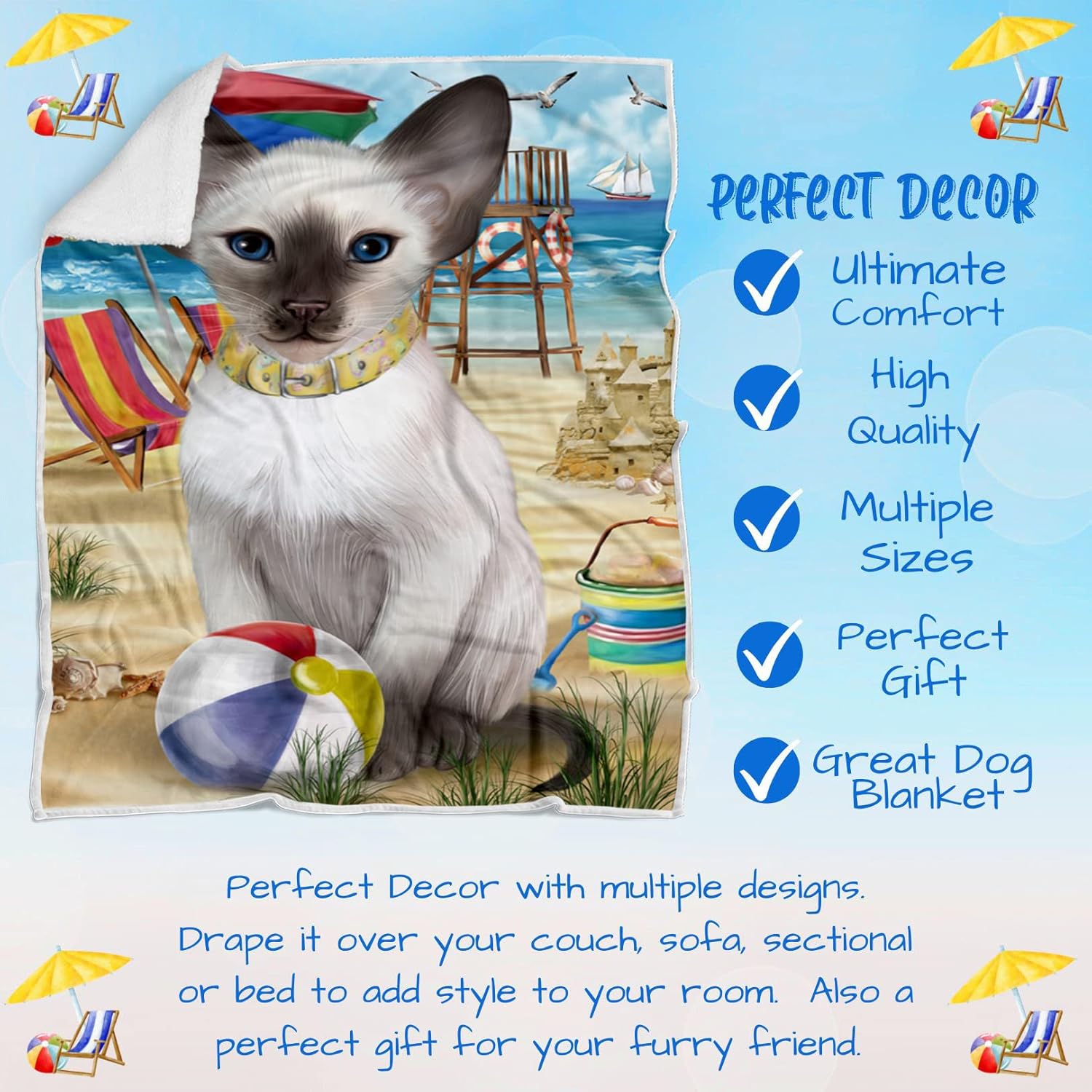 Pet Friendly Beach Oriental Blue Point Siamese Cat Blanket - Lightweight Super Soft Cozy and Durable Bed Blanket - Animal Theme Fuzzy Blanket for Sofa Bed Couch BLNKT56426 (60x80 Fleece)