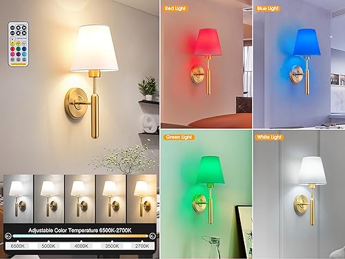 Miniatura 2 de Tumgog Juego de 2 apliques de pared que funcionan con pilas, accesorios sin cableado, con bombilla regulable de control remoto (color dorado)