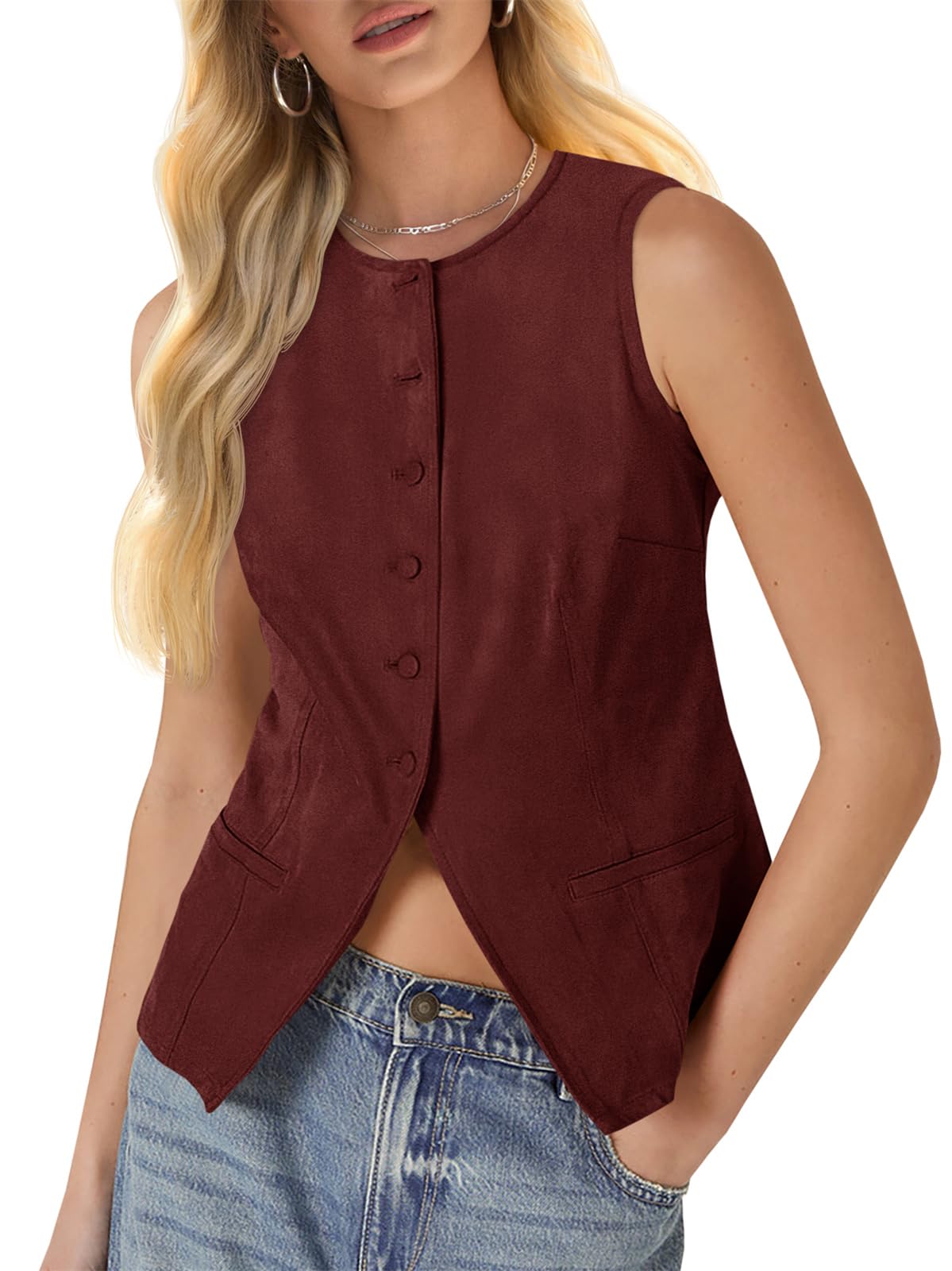 Tankaneo Womens Sleeveless Vest Trendy Suede Button Down Business Casual Suit Vest Tops Blazer Waistcoat