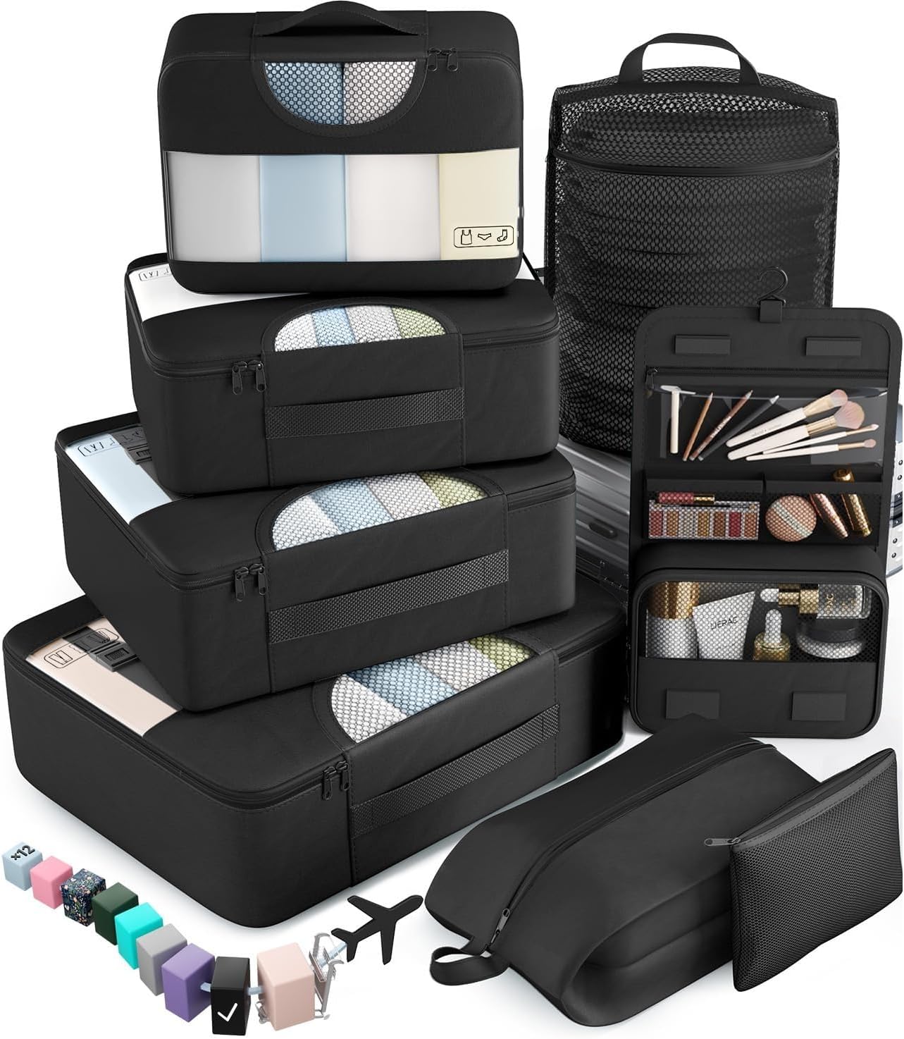 8 Set Packing Cubes for Travel Essentials, Suitcase Organizer Bags, Carry-On Luggage Accessories with Laundry & Toiletry Bag, Airplane Must-Have, Road Trip & Camp Gifts for Men (Black)