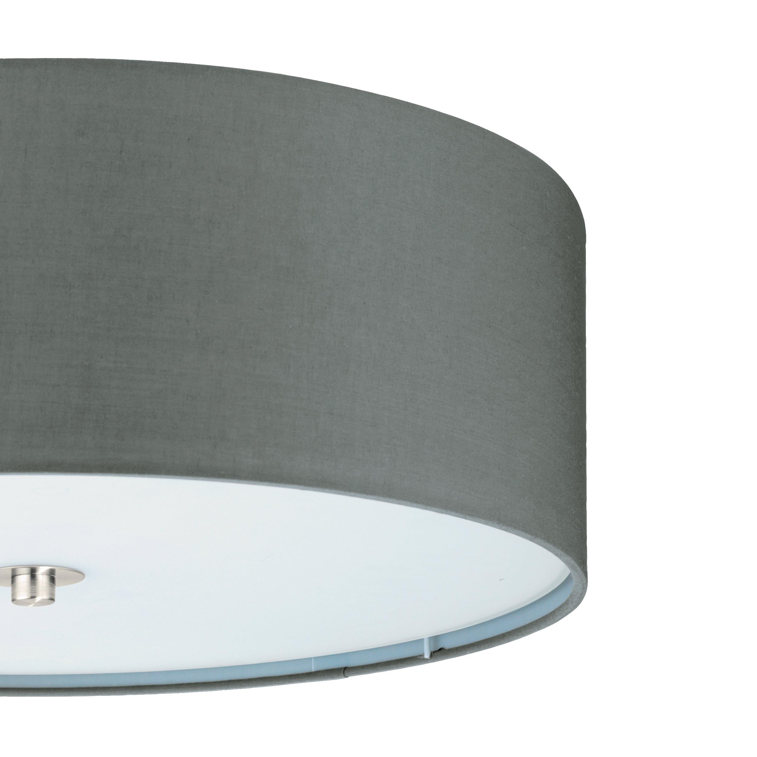 Eglo Plafoniera Pasteri, plafoniera tessile a tre punti | luce, acciaio, tessuto, vetro, nichel opaco, grigio, E27, diametro 47,5 cm